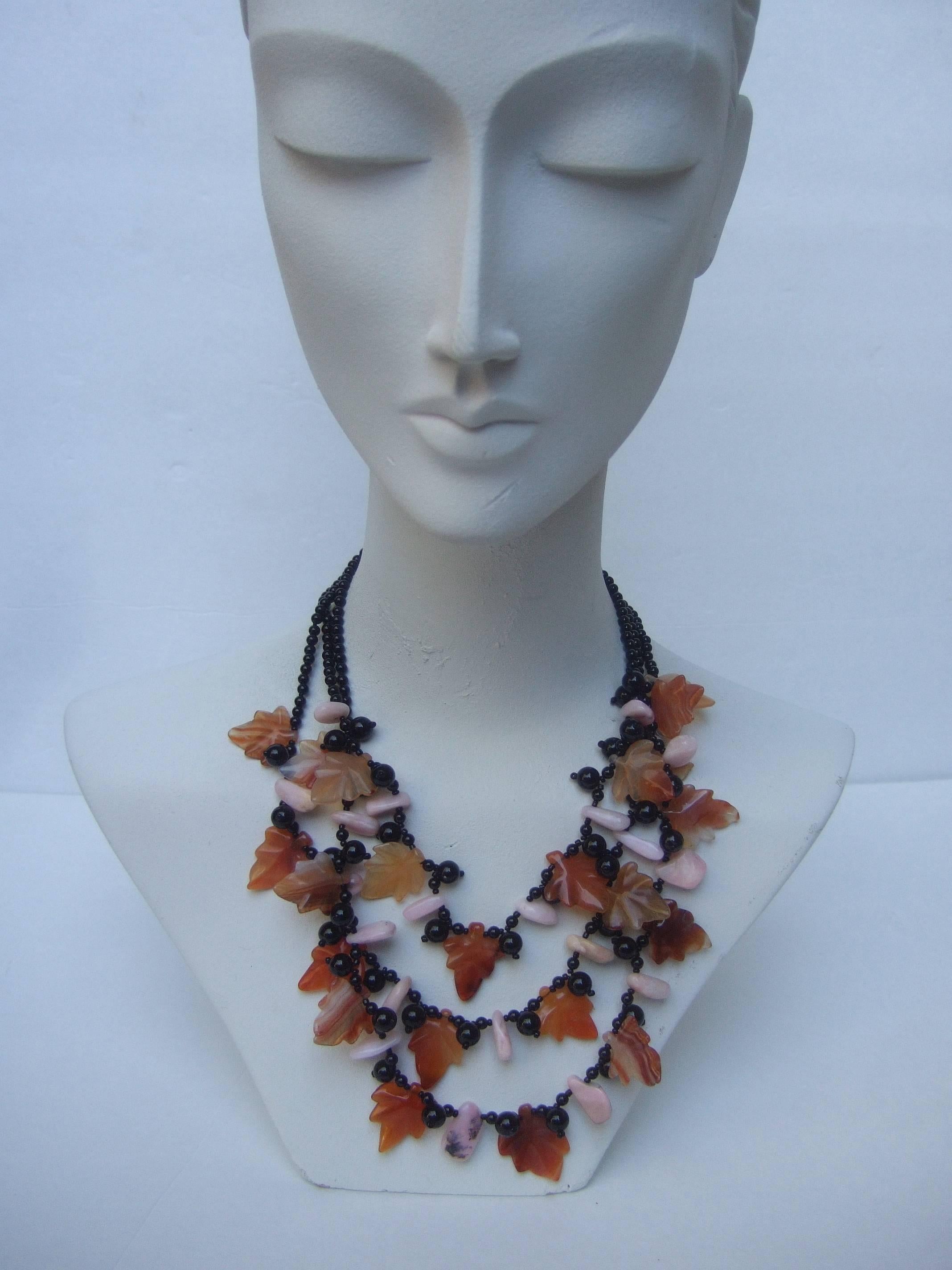 Artisan Carved Glass Beaded Leaf Necklace  For Sale 1