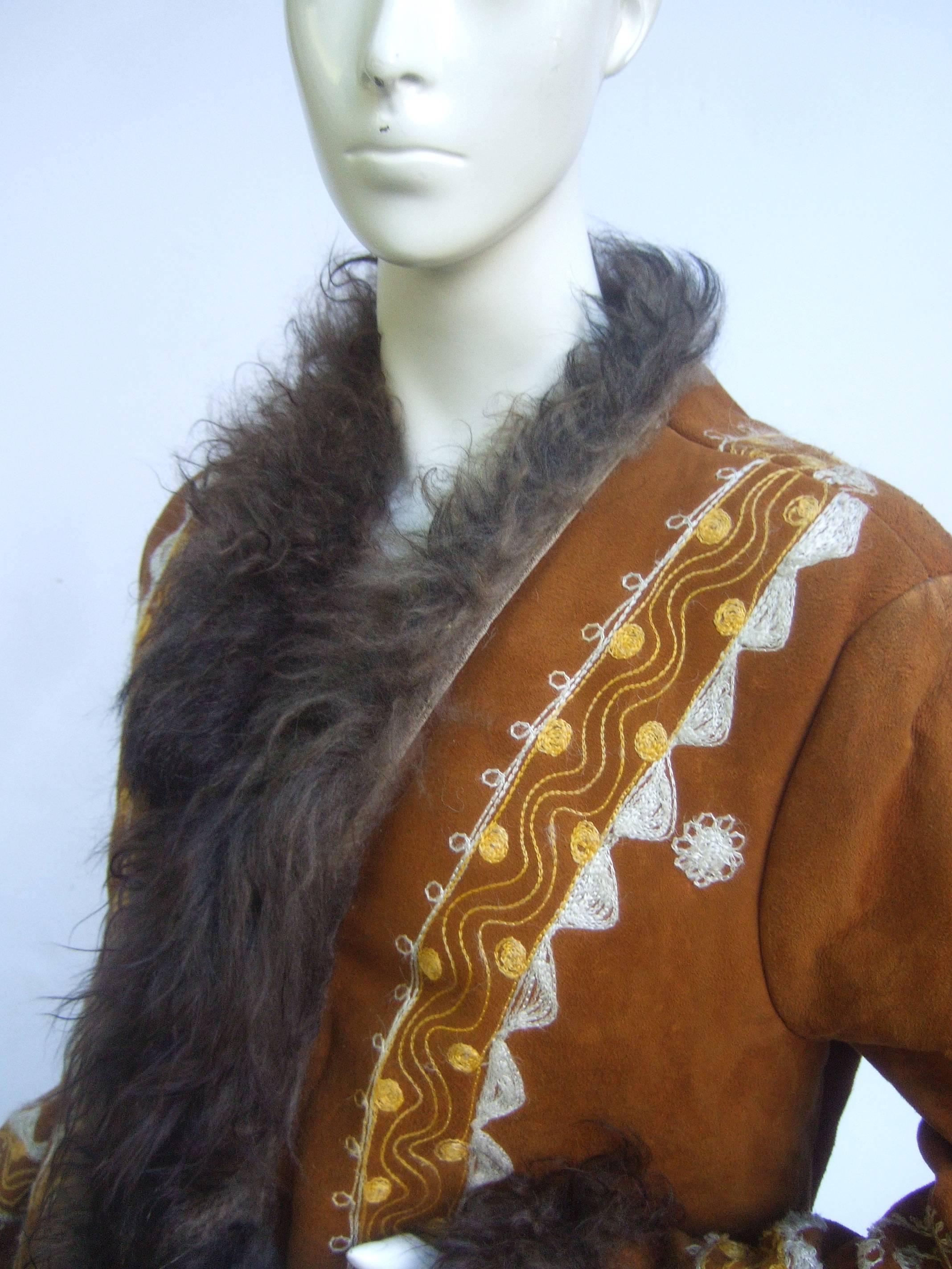 Genuine Afghan Suede Embroidered Coat c 1970s In Good Condition In University City, MO