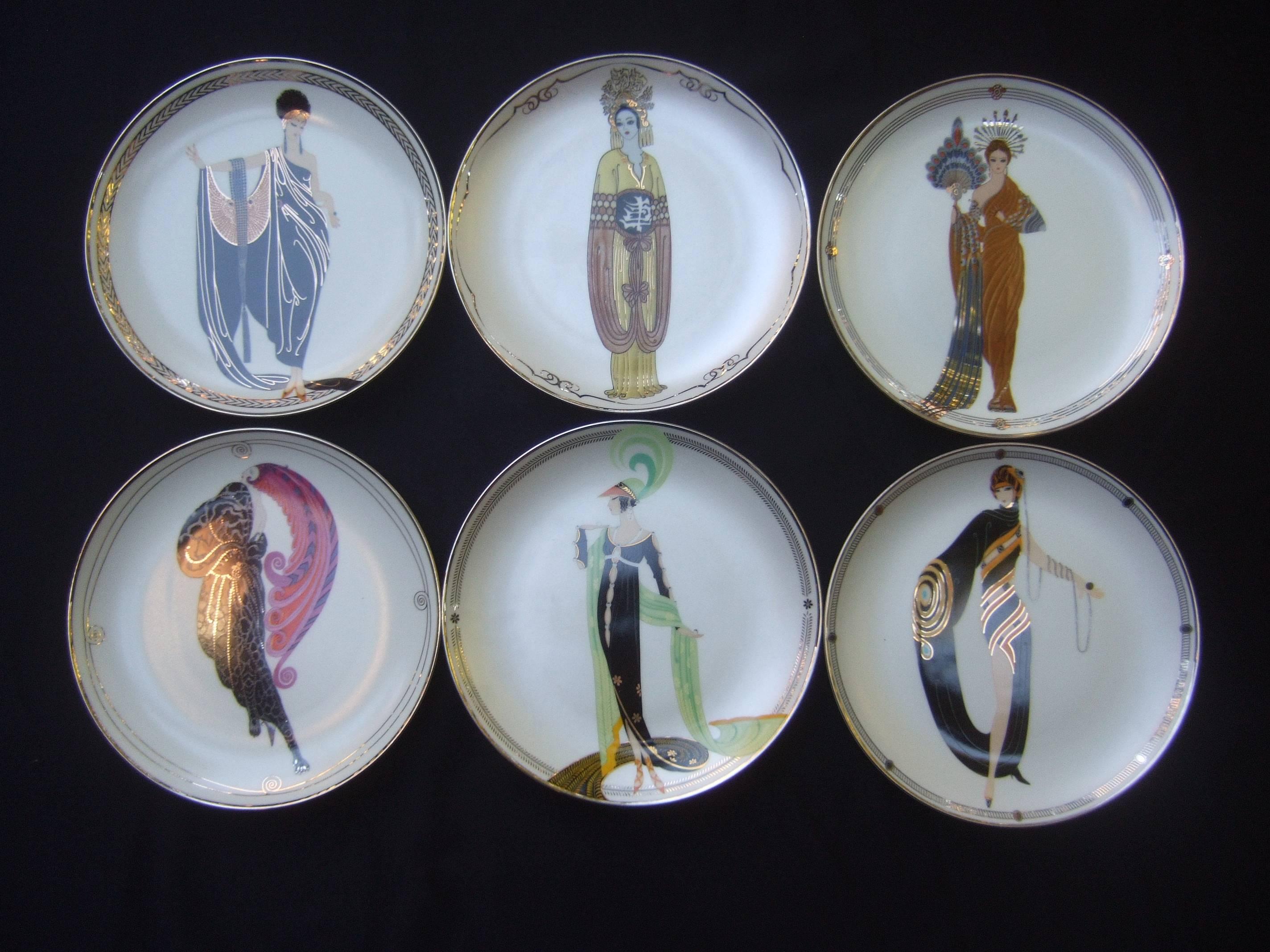 Erte Franklin Mint set of six bone china decorative plates
The collection of porcelain plates are decorated 
with stylized woman in extravagant finery 

Each plate is illustrated with a different woman
in various apparel and postures. The