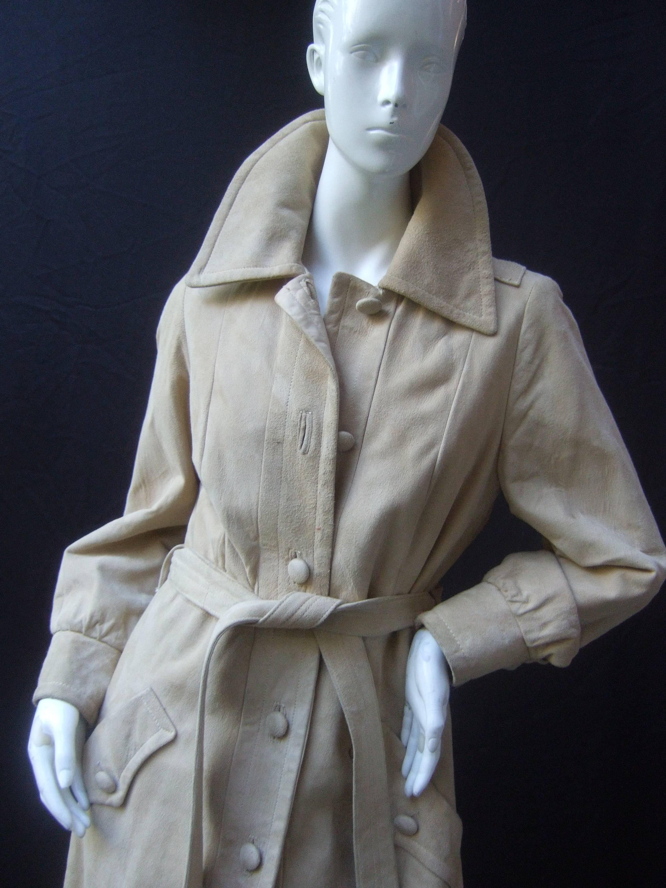 Gray 1970s Plush Tan Doeskin Suede Belted Trench Coat