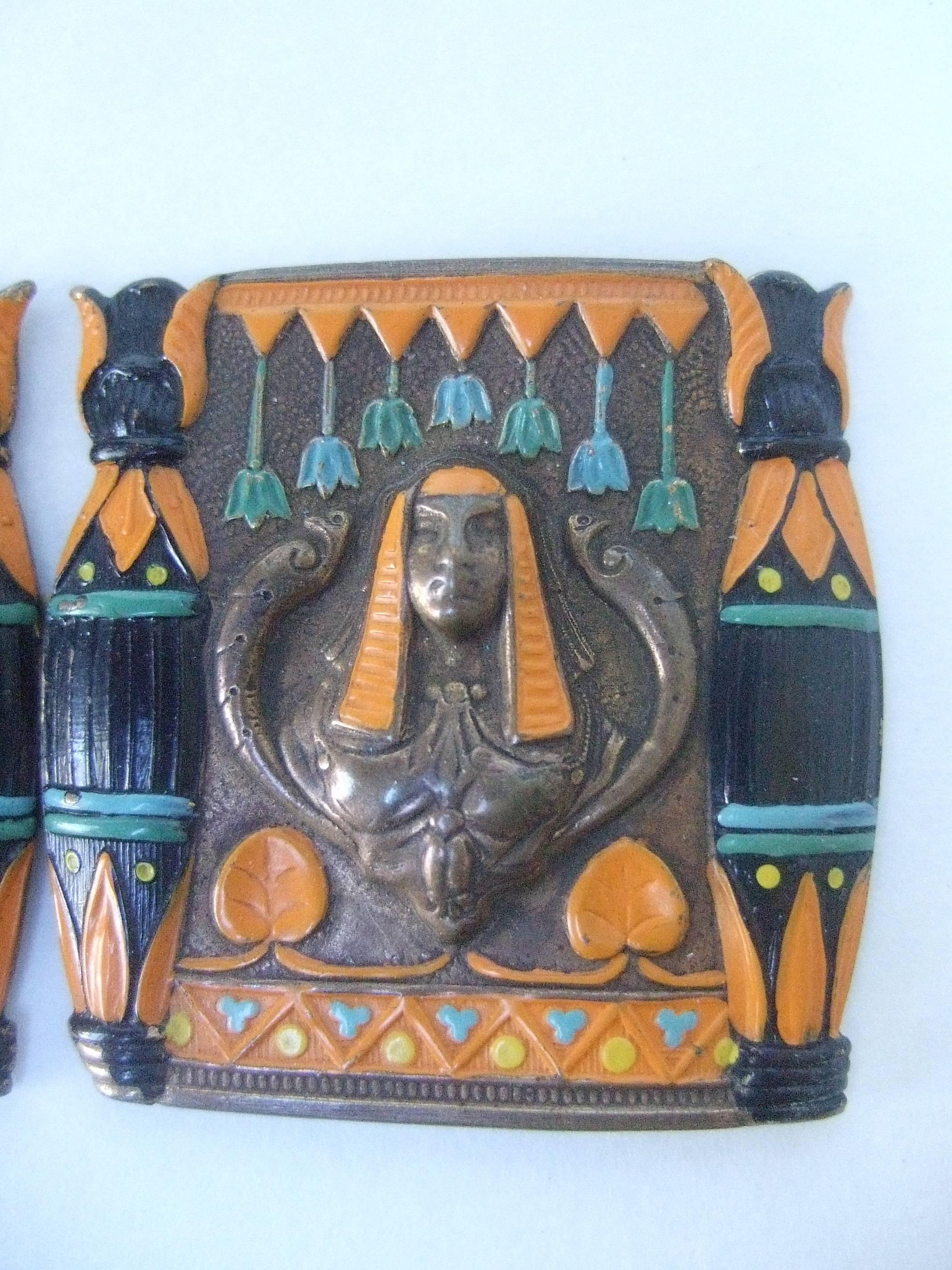 Gray Egytian Revival Enamel Pharaoh Belt Buckles c 1950s