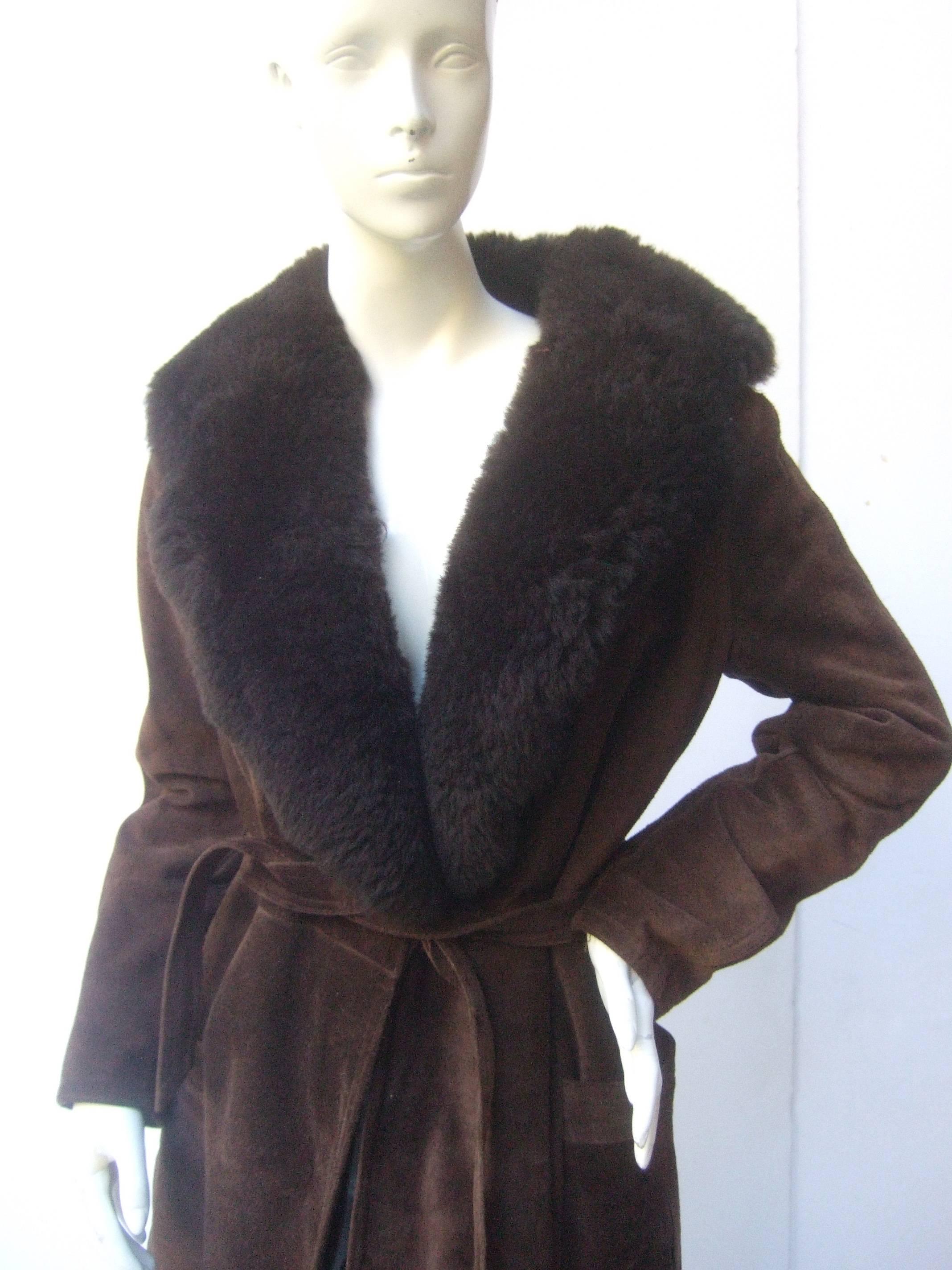 Black Saks Fifth Avenue Brown Suede Belted Coat c 1970s