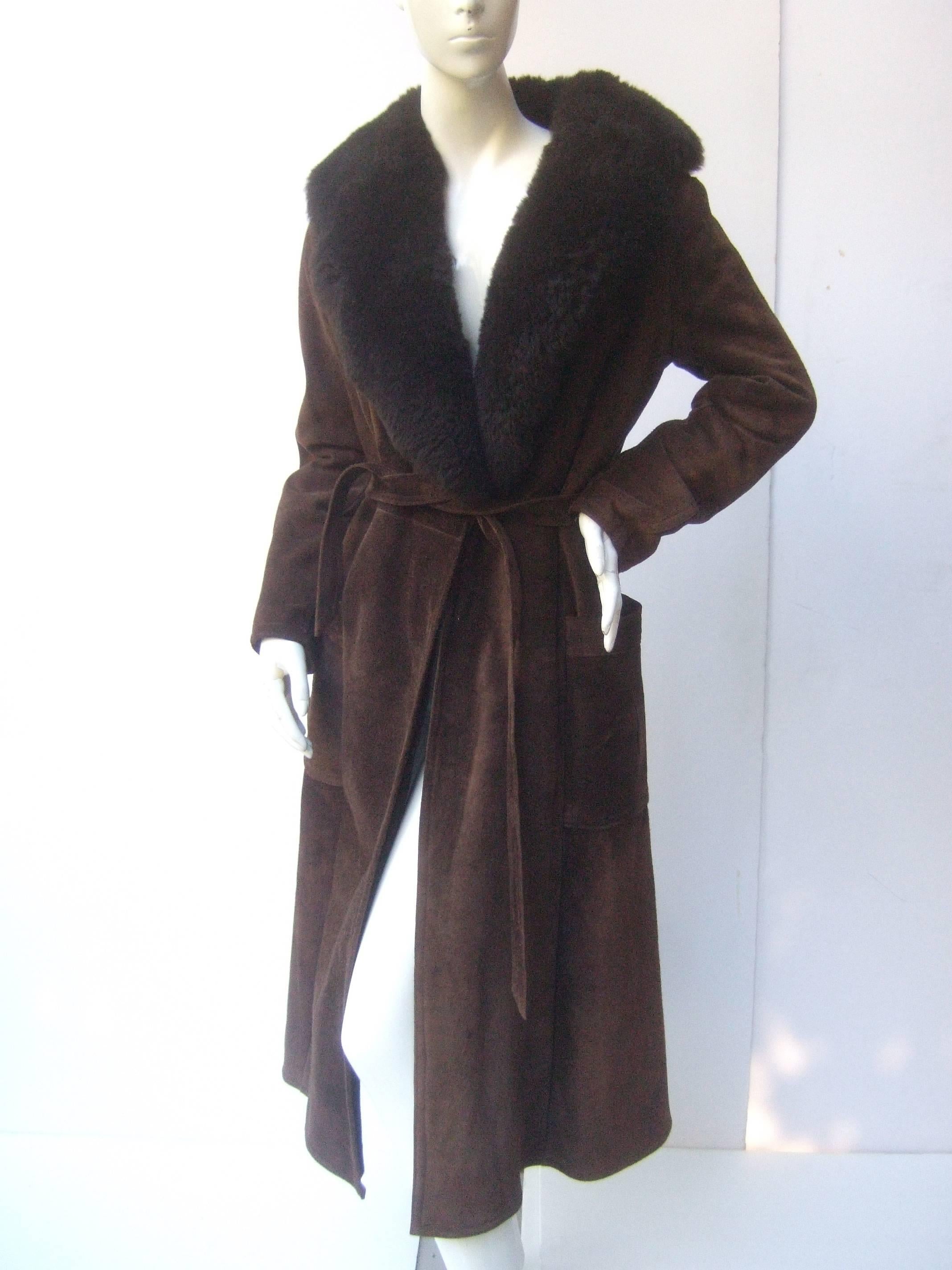 Saks Fifth Avenue Brown Suede Belted Coat c 1970s 1