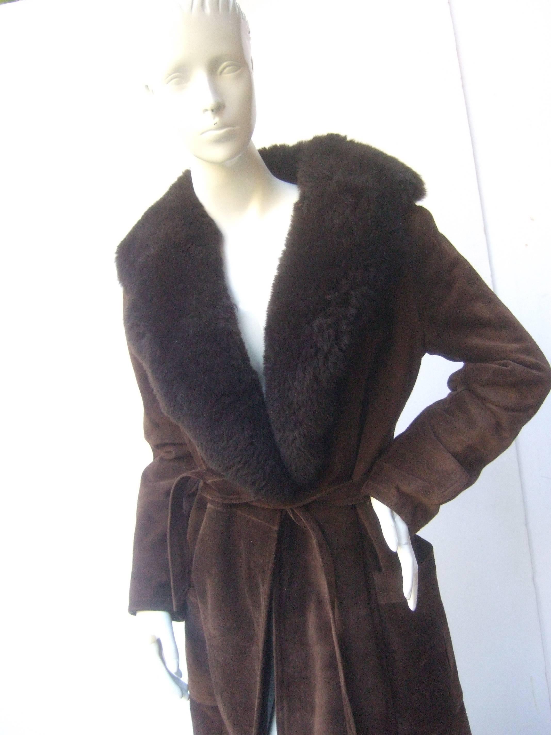 Saks Fifth Avenue Brown Suede Belted Coat c 1970s In Good Condition In University City, MO
