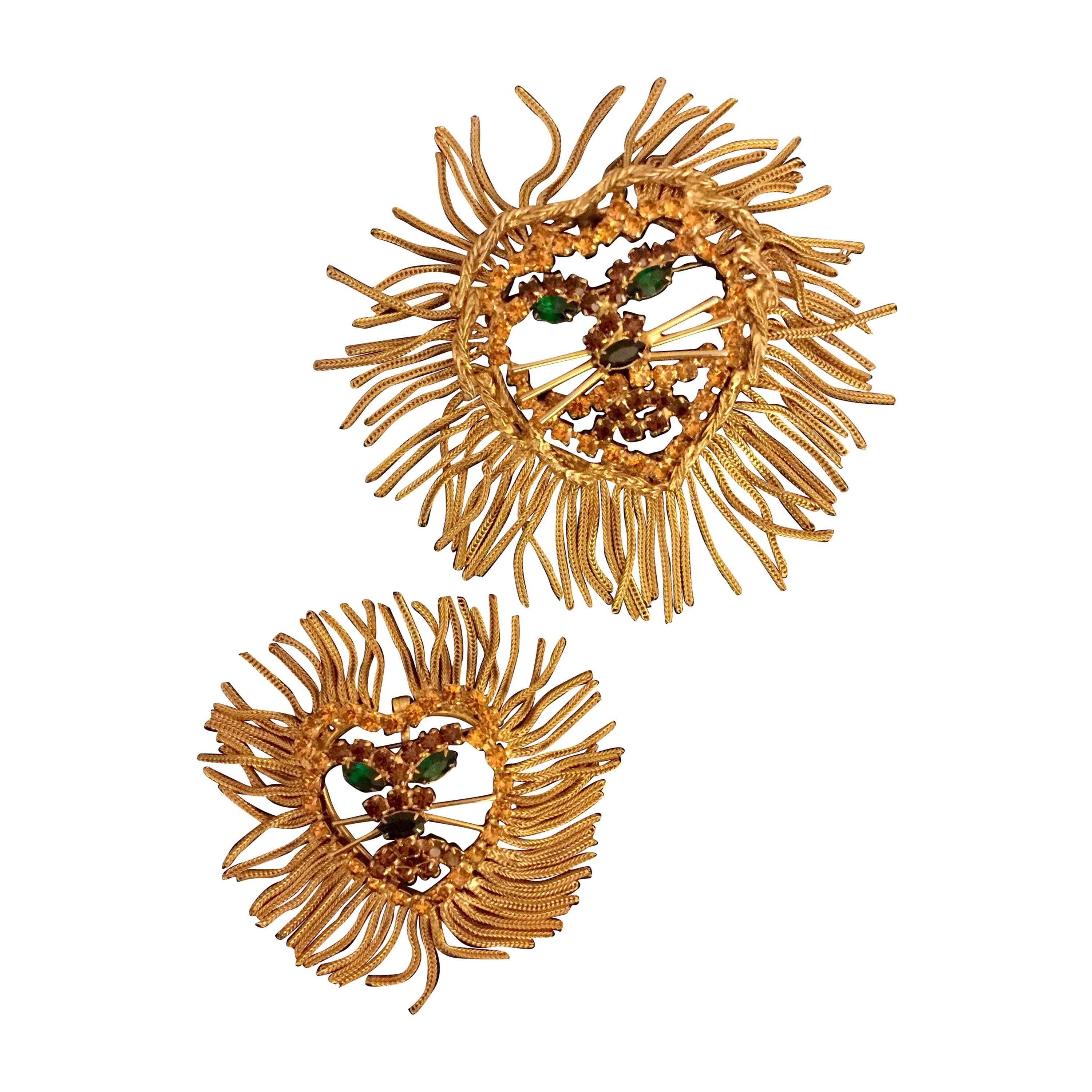 Huge Lioness and Her Cub.  Matched Brooch Pair.  1960's.