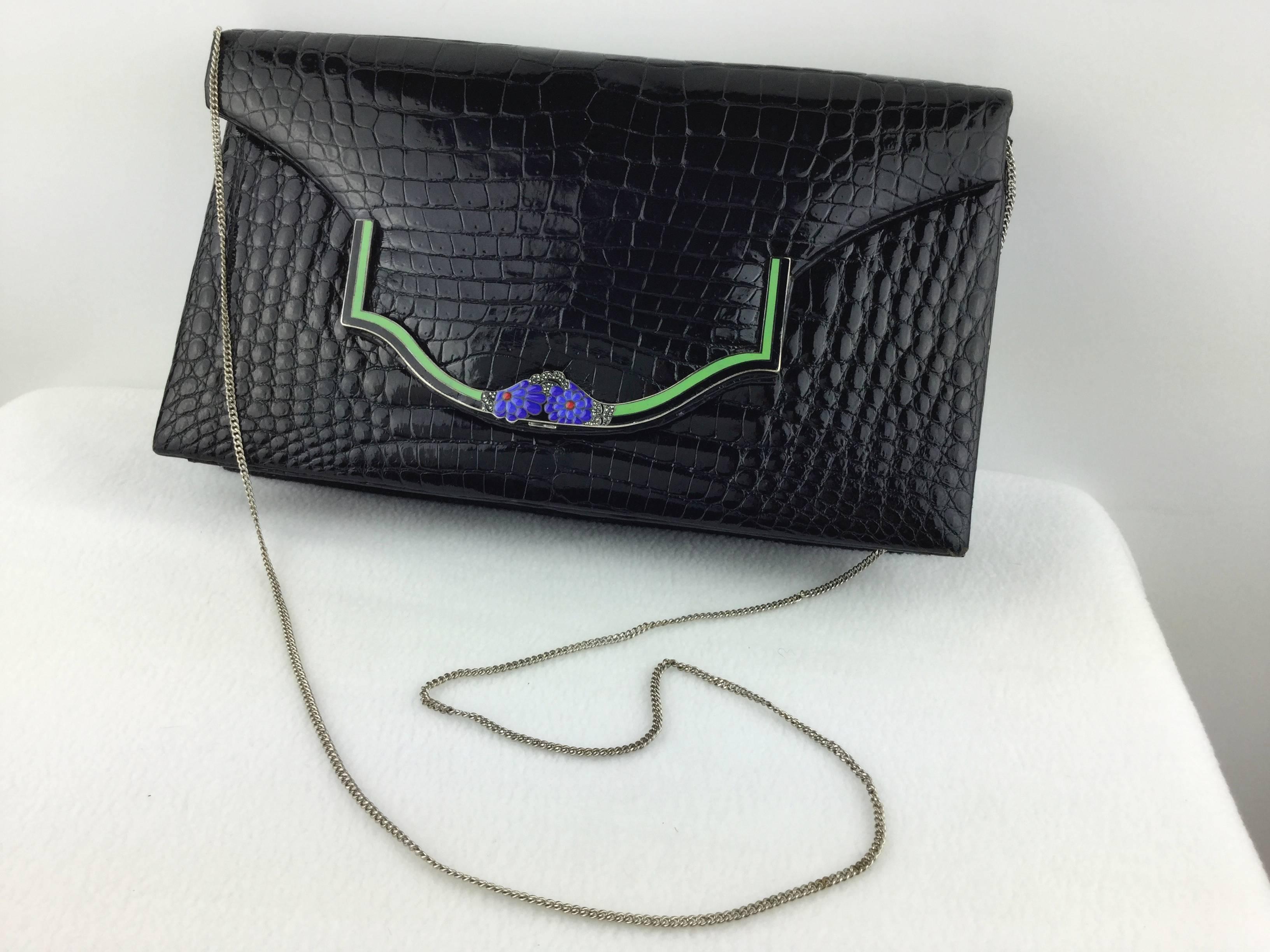 Deco Style Black Crocodile Clutch With Enamel Clasp.  1970's. In Excellent Condition In University City, MO