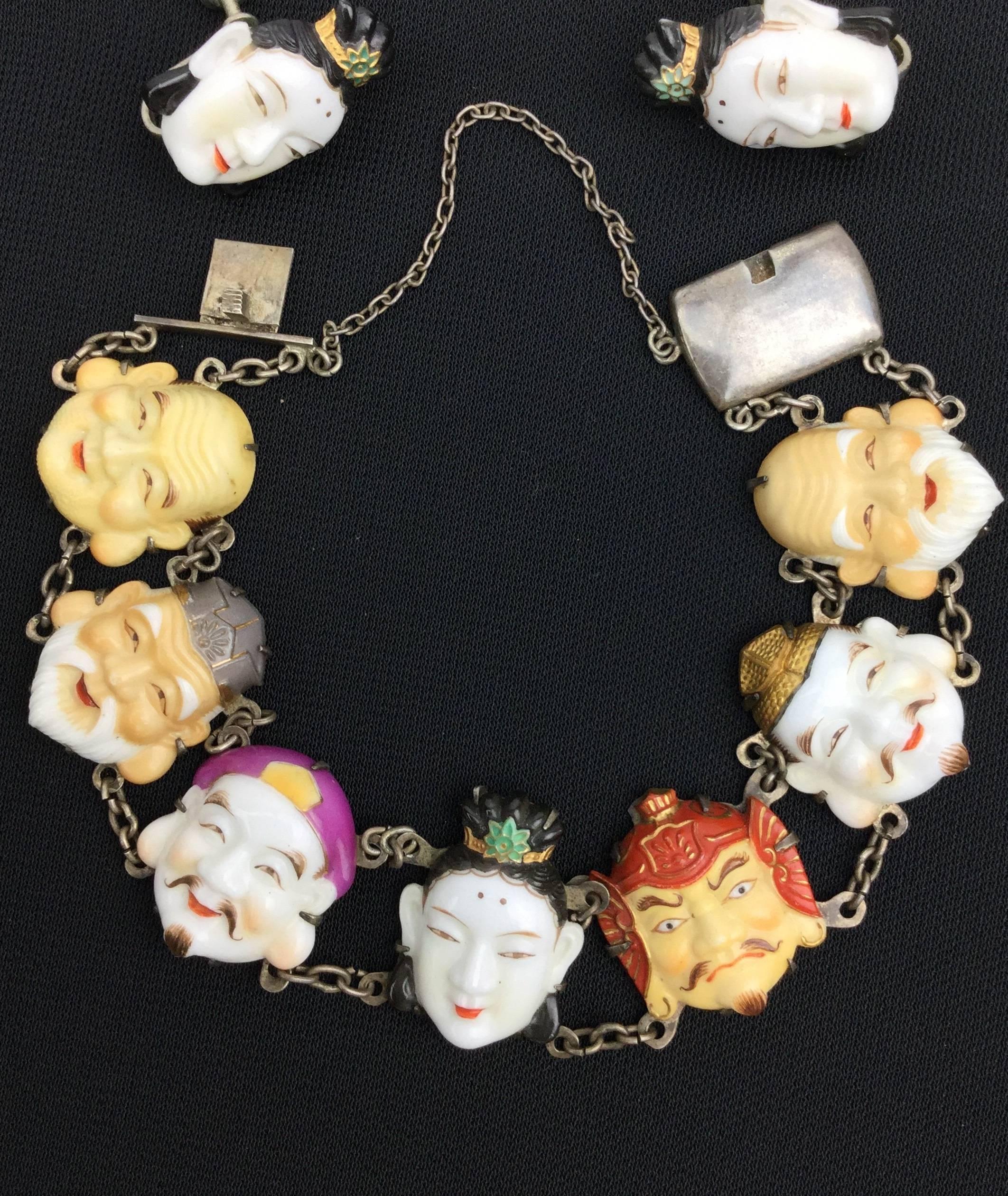 
Toshikane Seven Lucky Gods matched bracelet and earrings of porcelain faces set in silver.

The detail on each Japanese deity is just incredible!

The seven gods of fortune, or seven immortals, represented here are:

Hotei, God of abundance.