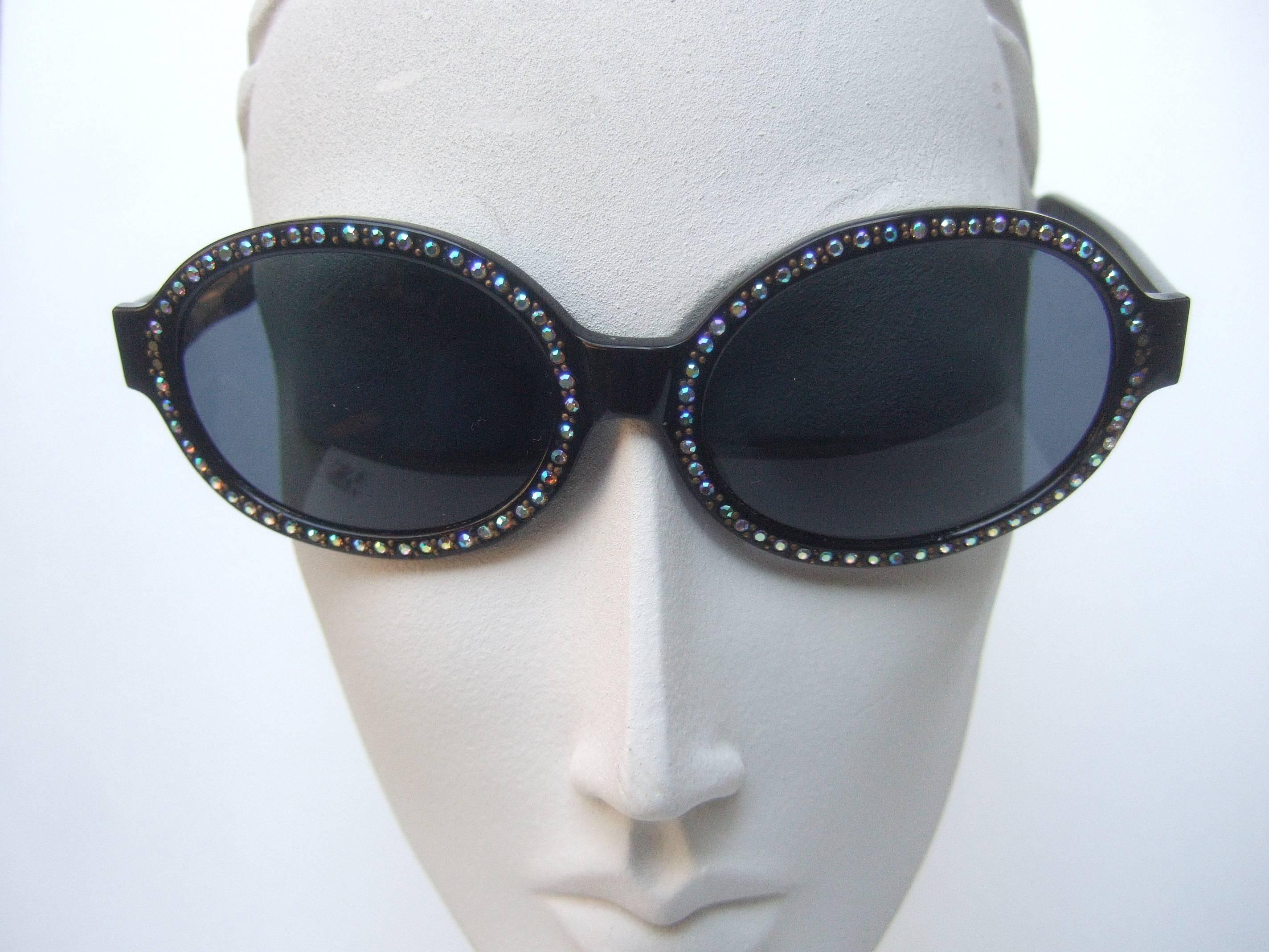 Chic Black Crystal Trim Tinted Sunglasses Made in France c 1970 In Excellent Condition In University City, MO