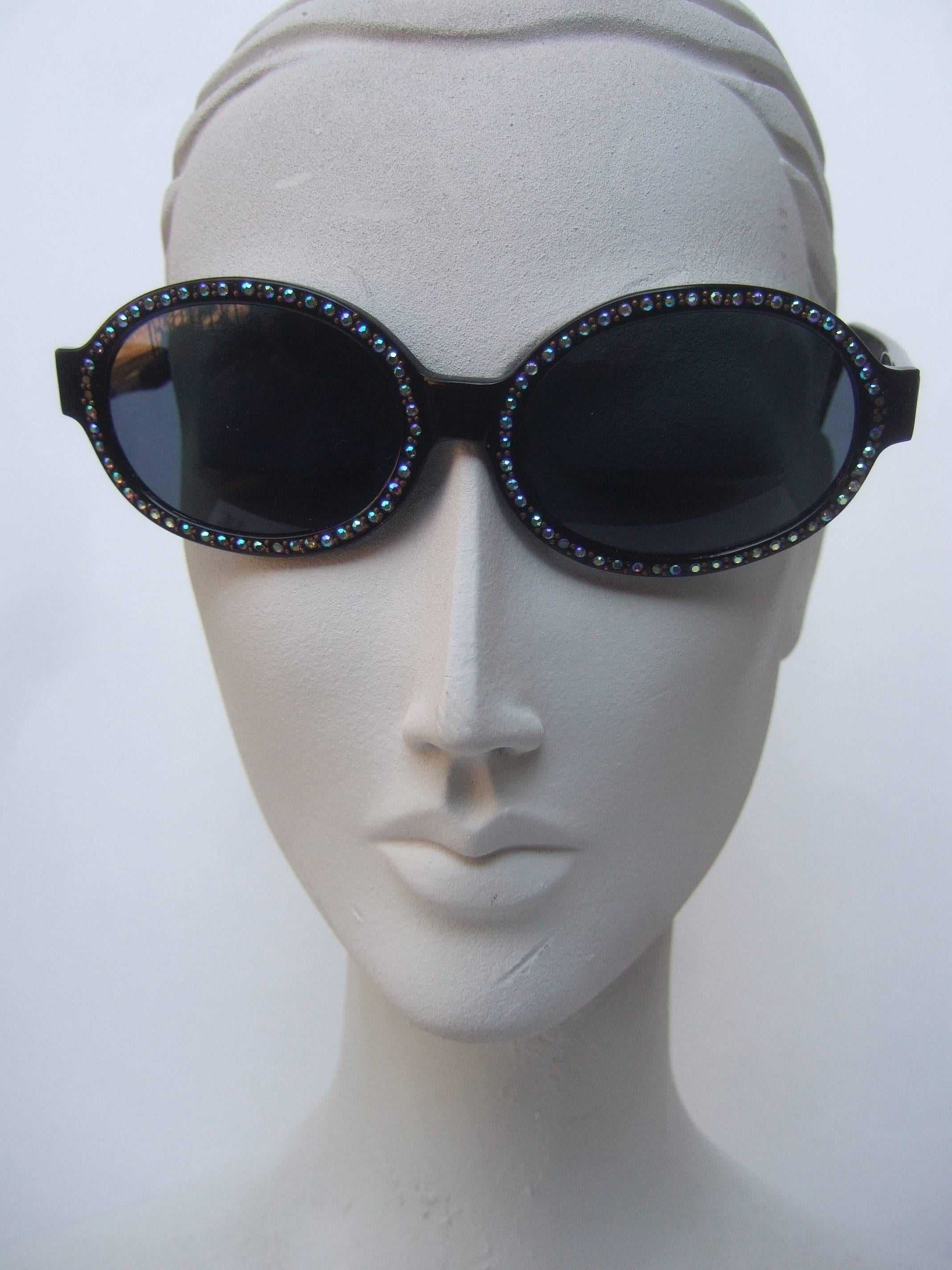 Chic Black Crystal Trim Tinted Sunglasses Made in France c 1970 2