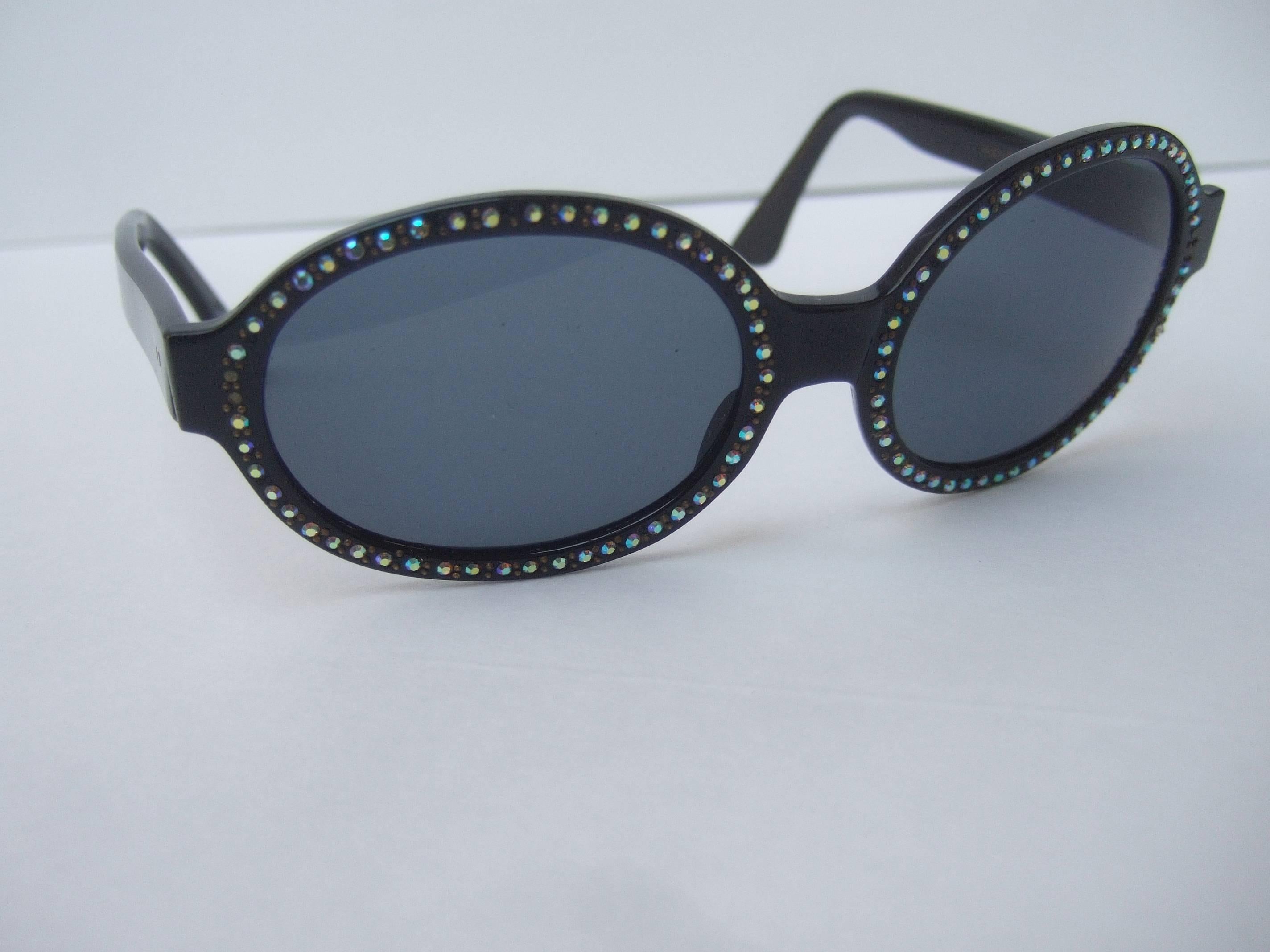Chic Black Crystal Trim Tinted Sunglasses Made in France c 1970 3