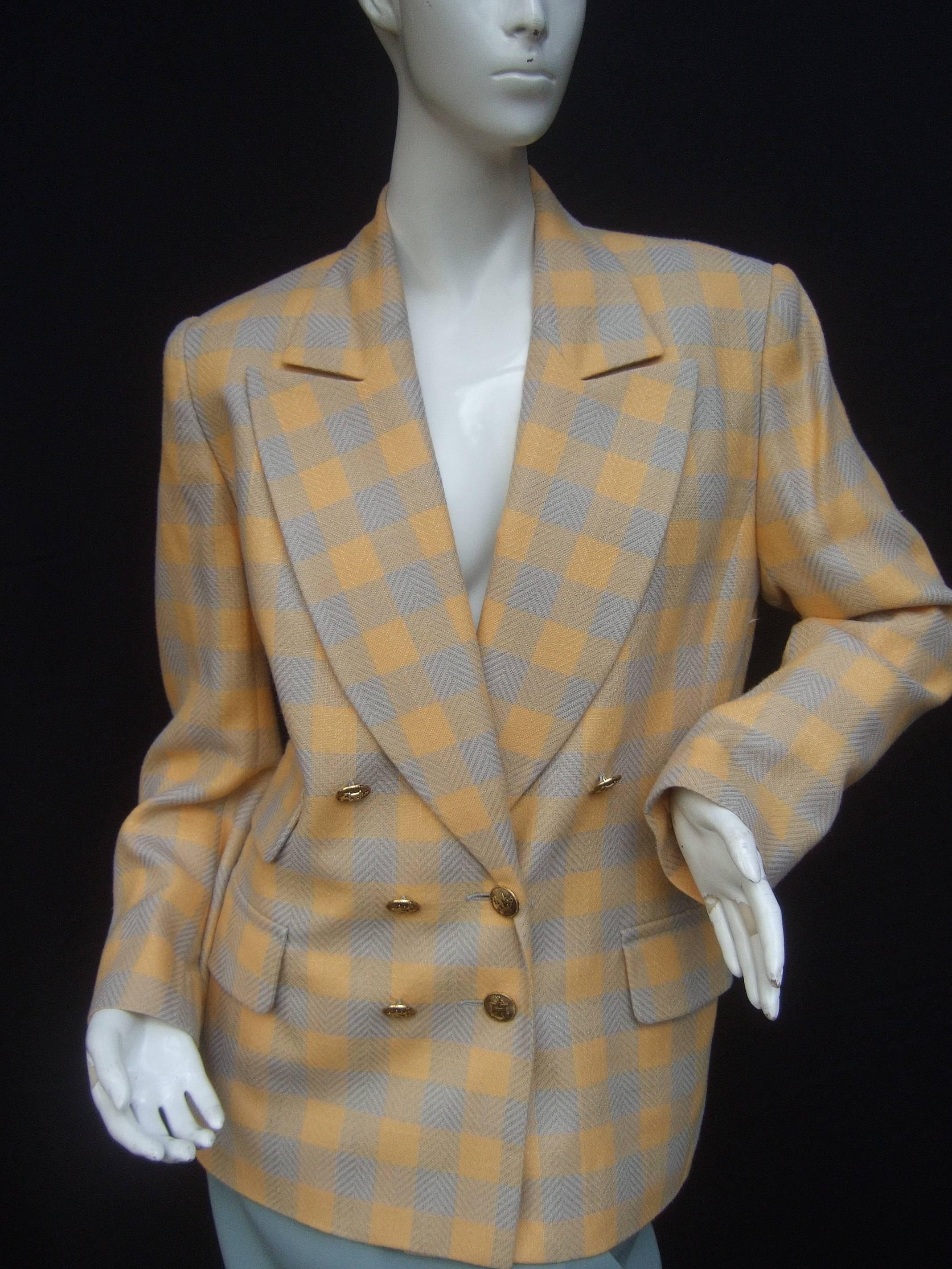 Brown Hermes Paris Plaid Wool Skirt Suit Size 38/40 c 1980