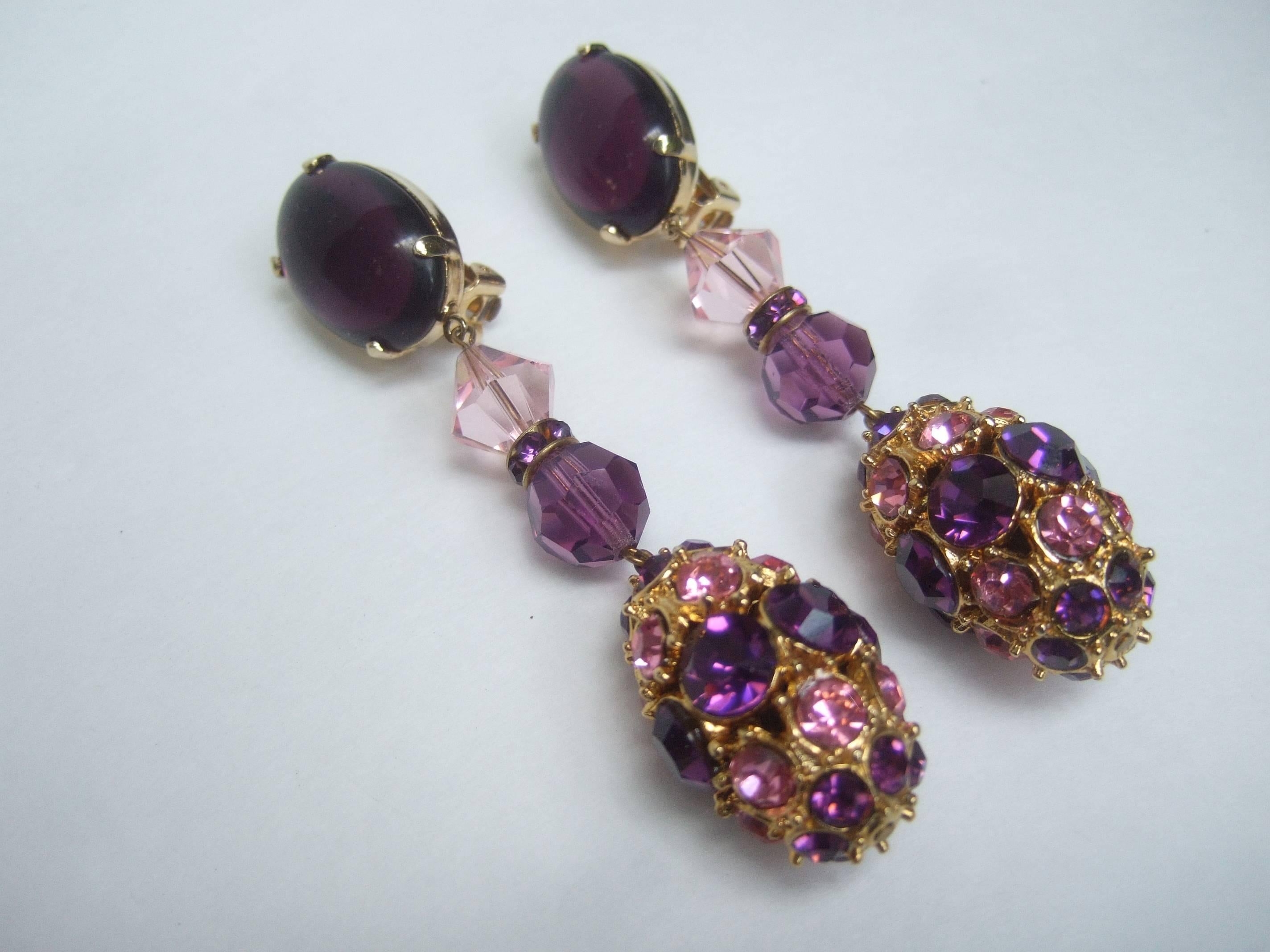 Massive Glittering Amethyst Crystal Dangling Earrings c 1970 For Sale 1