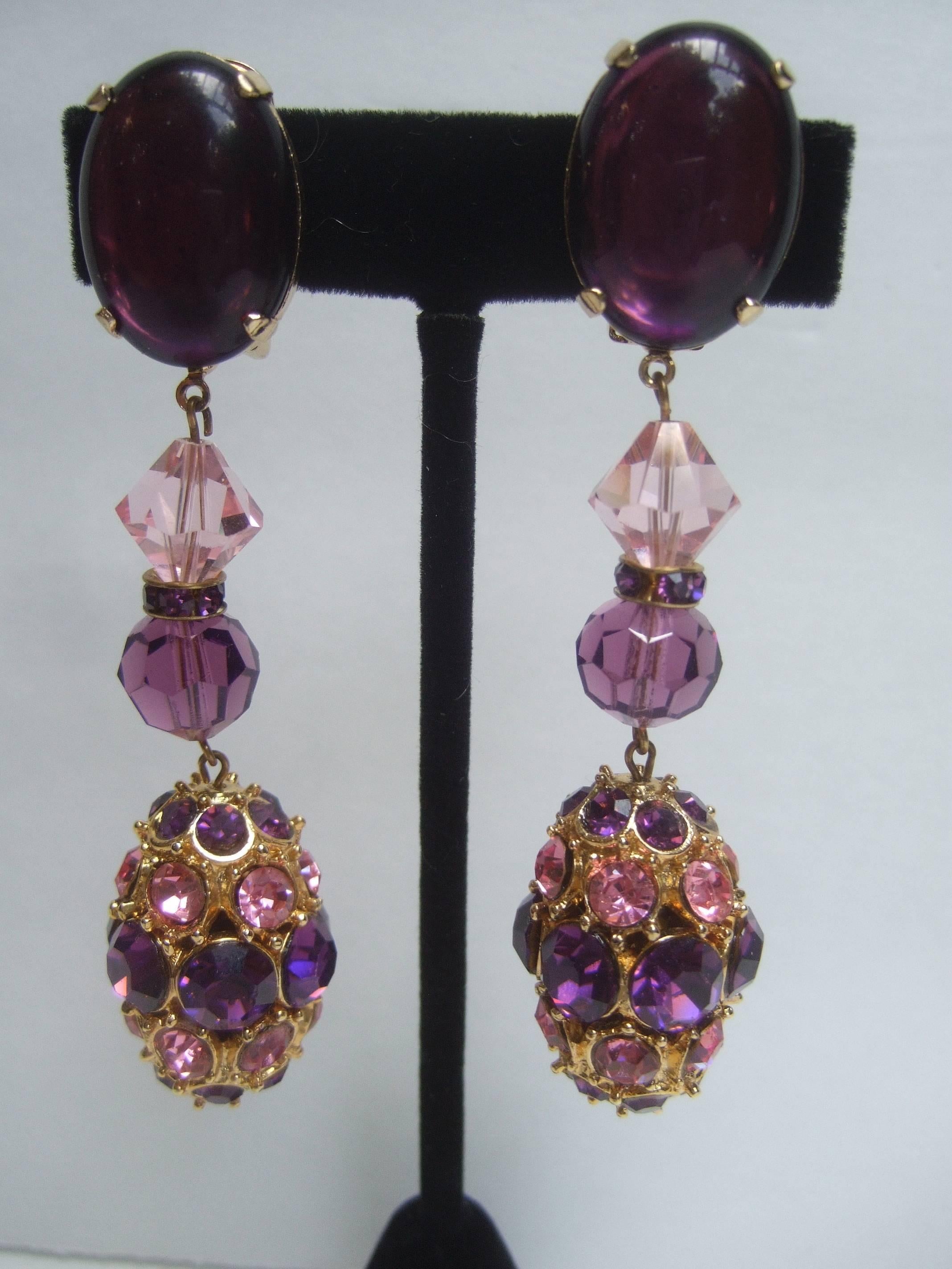 Women's Massive Glittering Amethyst Crystal Dangling Earrings c 1970 For Sale