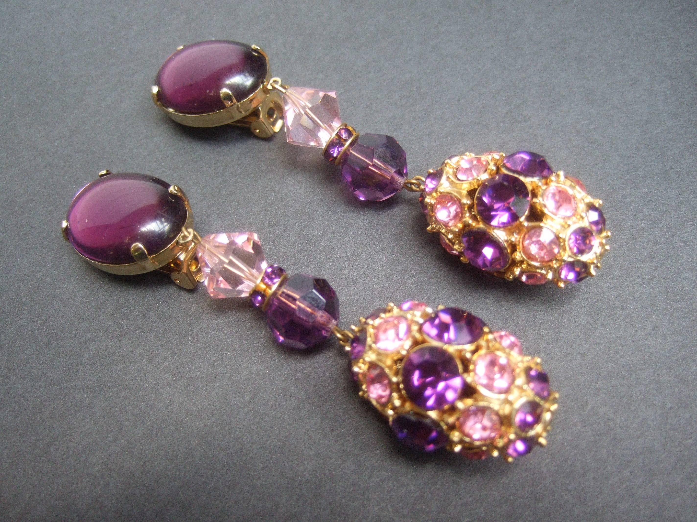 Massive Glittering Amethyst Crystal Dangling Earrings c 1970 In Good Condition For Sale In University City, MO
