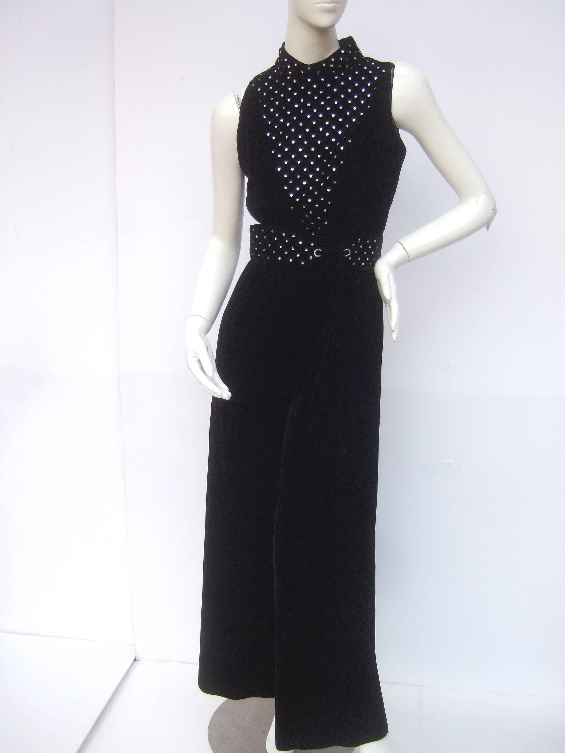 1970s Spectacular Black Silk Velvet Crystal Bodice Jumpsuit  In Excellent Condition In University City, MO