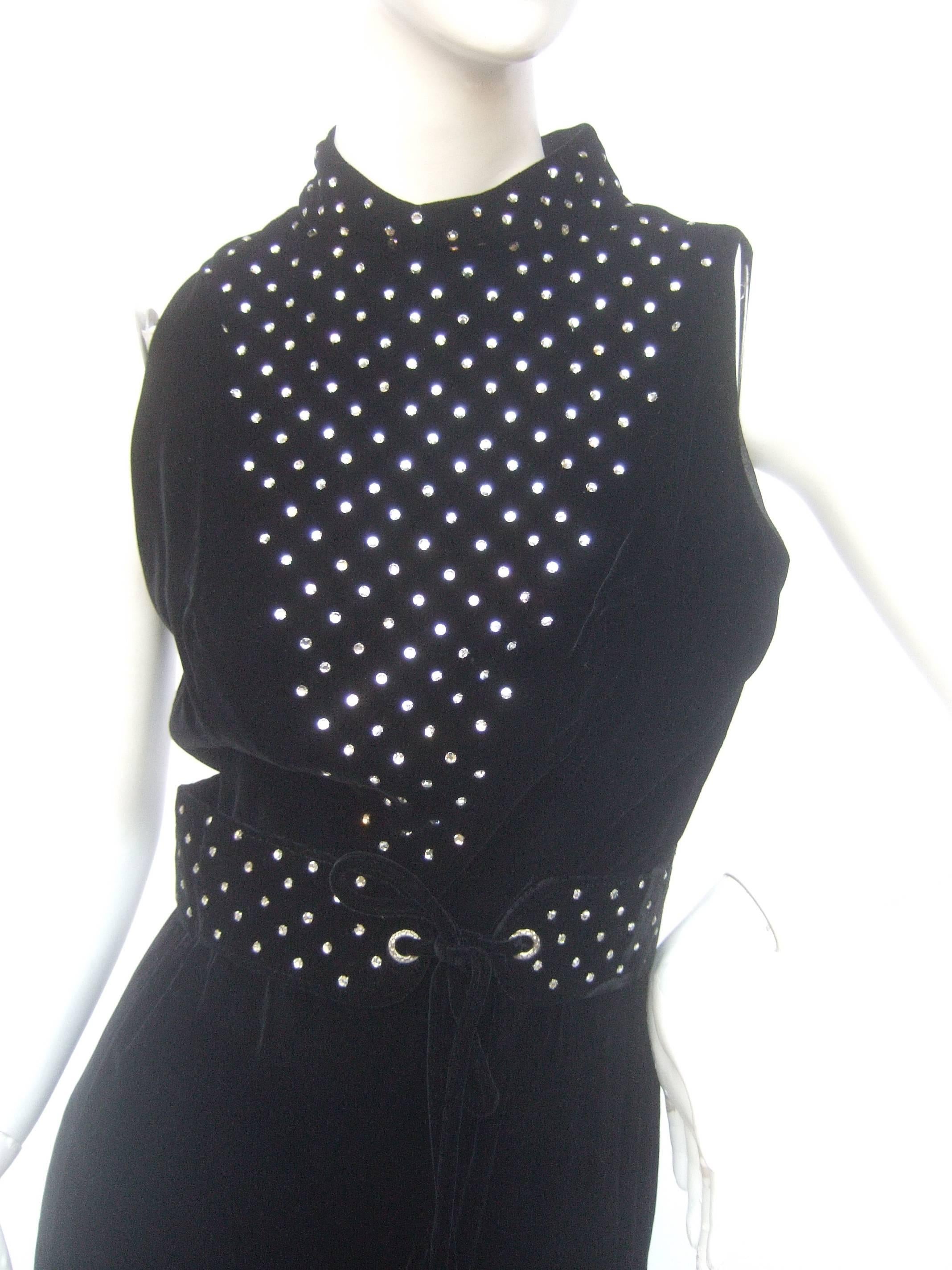 1970s Spectacular Black Silk Velvet Crystal Bodice Jumpsuit  1