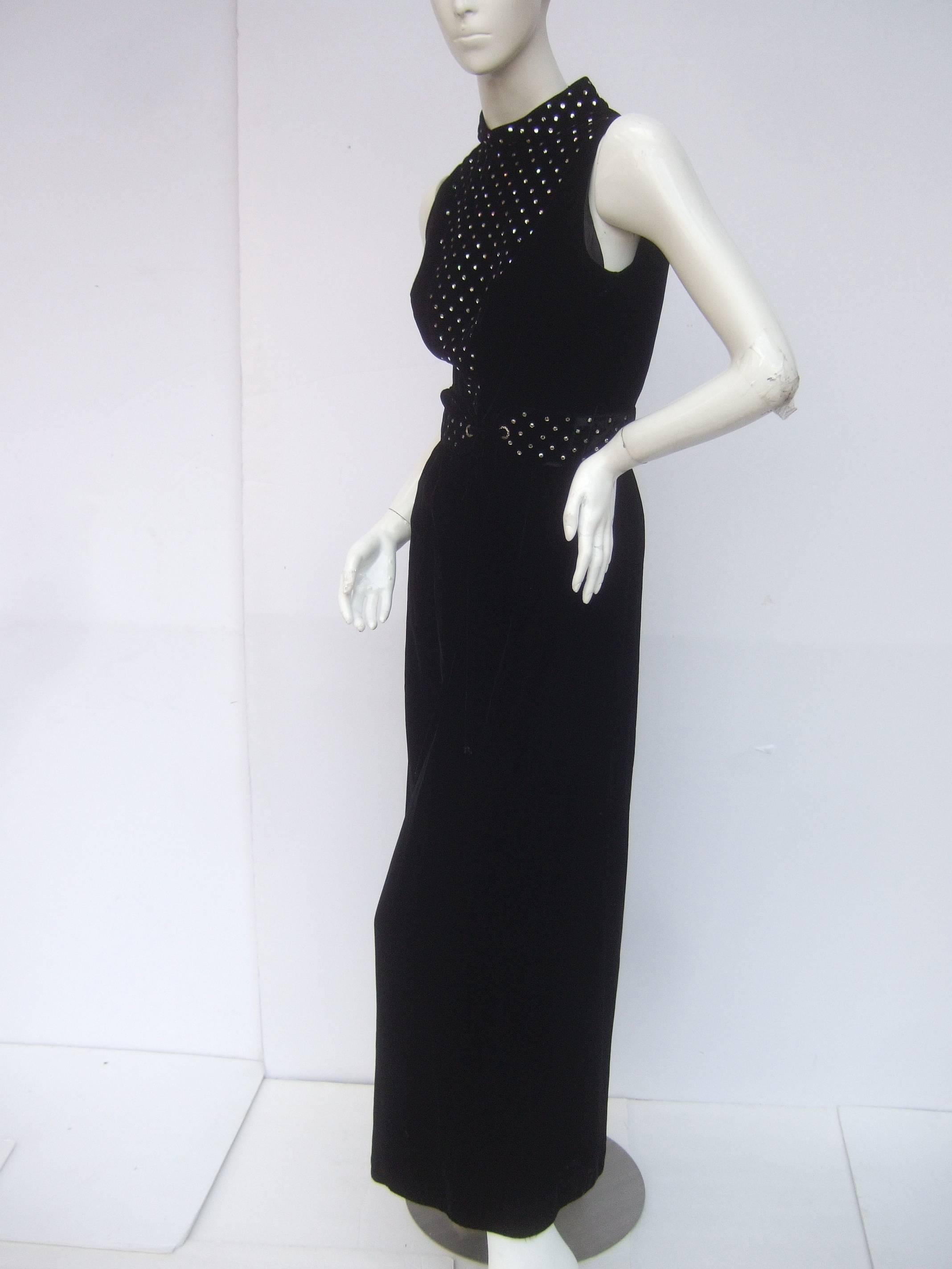 1970s Spectacular Black Silk Velvet Crystal Bodice Jumpsuit  2