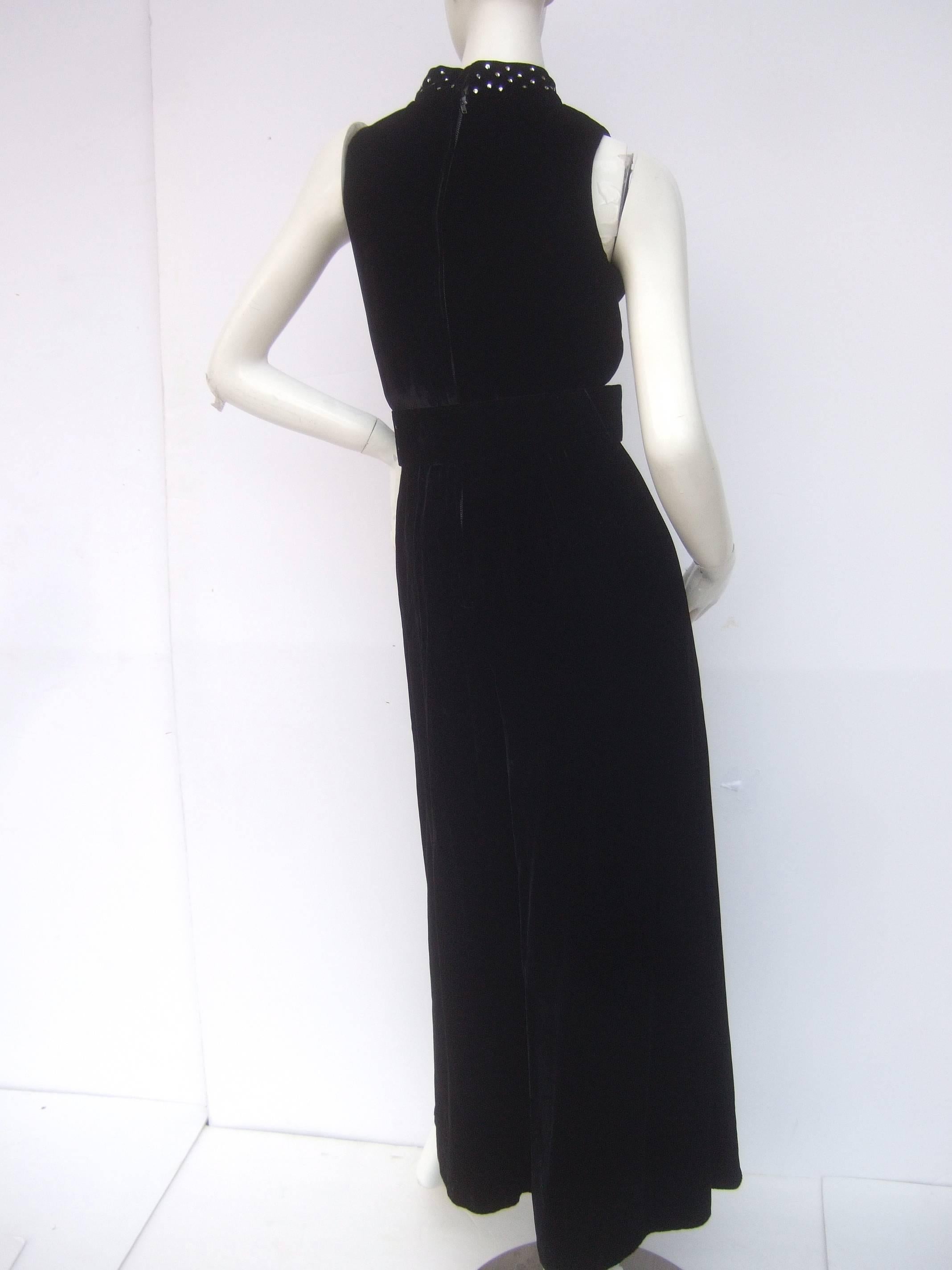 1970s Spectacular Black Silk Velvet Crystal Bodice Jumpsuit  6