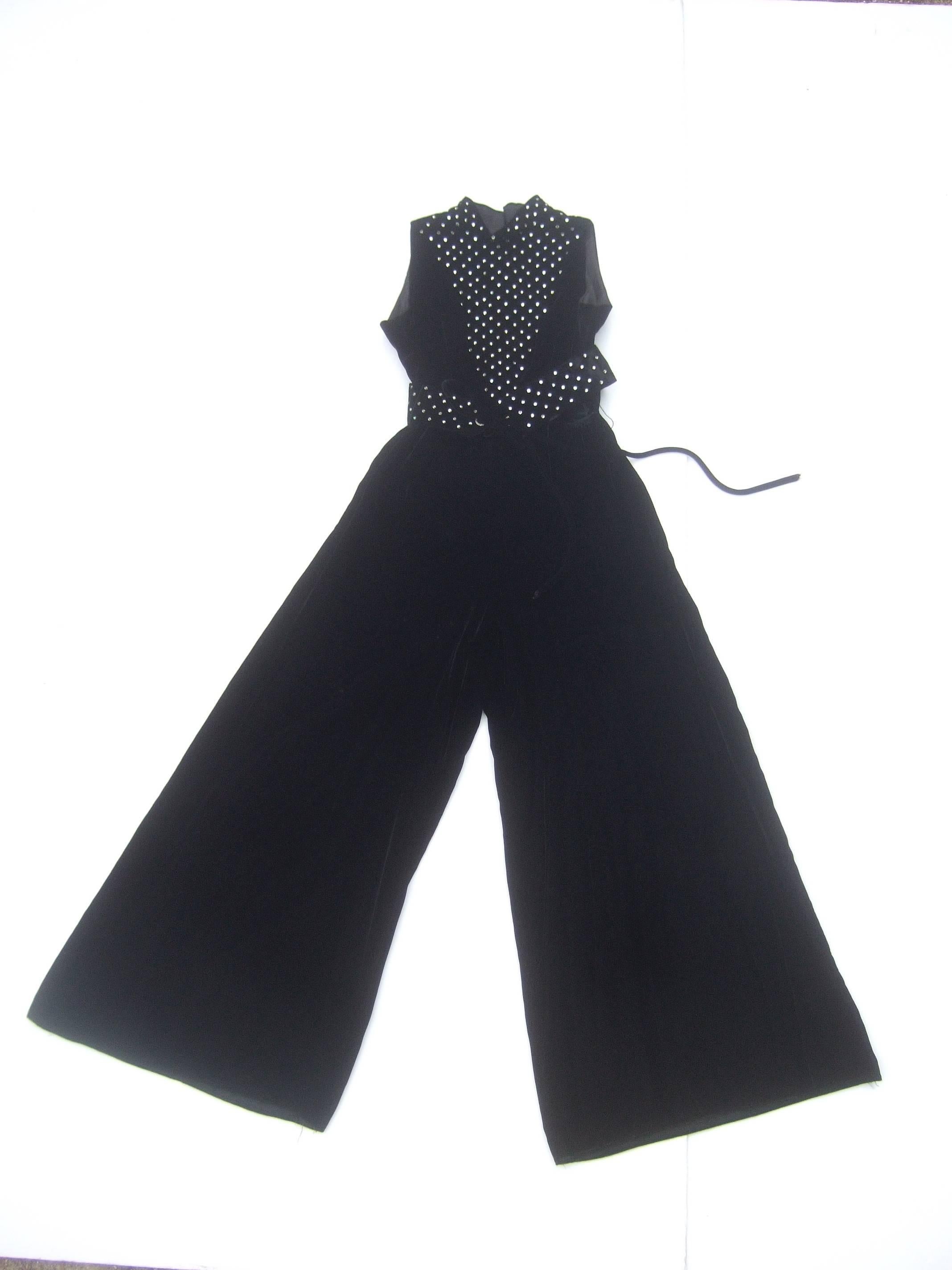 1970s Spectacular Black Silk Velvet Crystal Bodice Jumpsuit  4