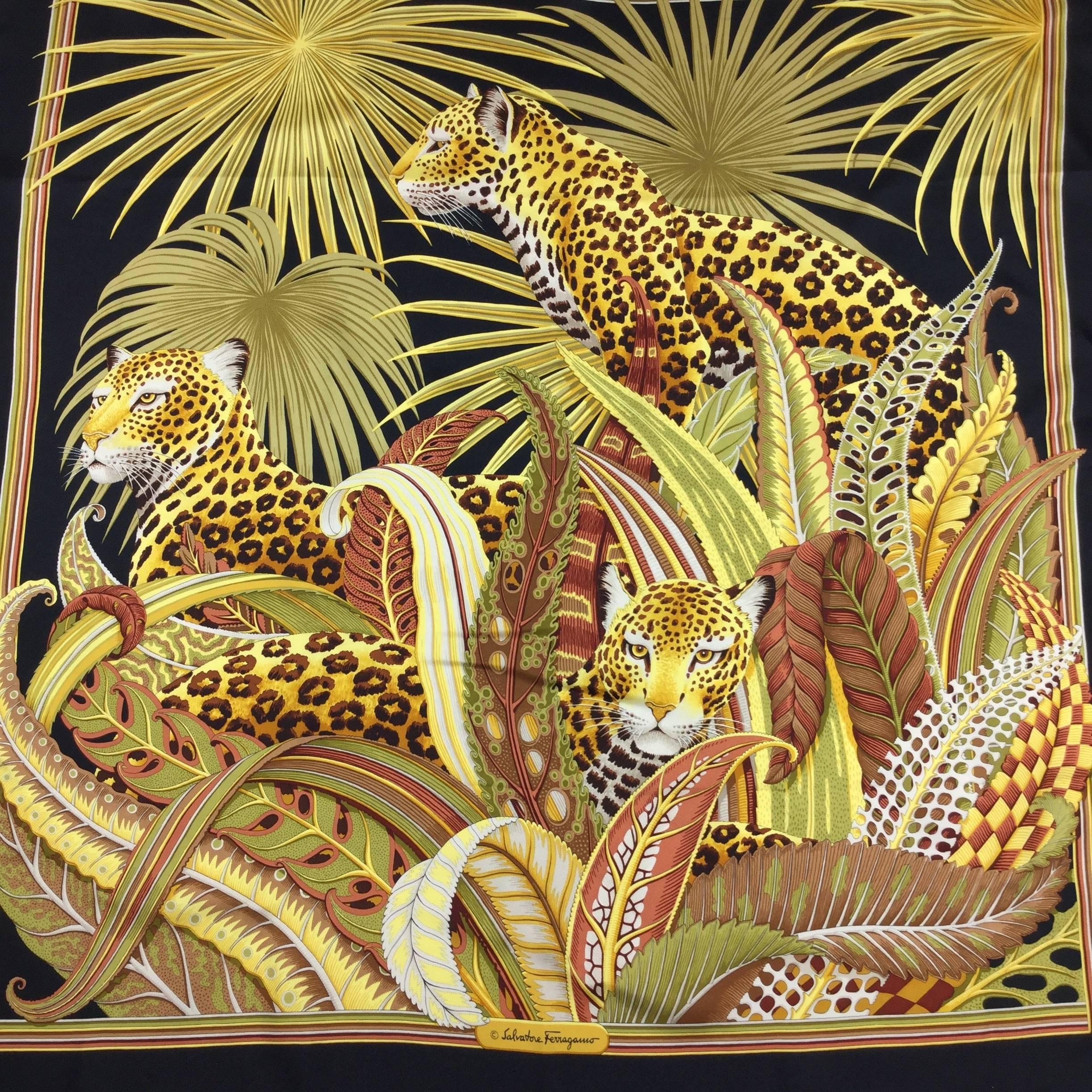 Spectacular Jungle Themed Vintage Silk Scarf By Ferragamo. In Excellent Condition In University City, MO