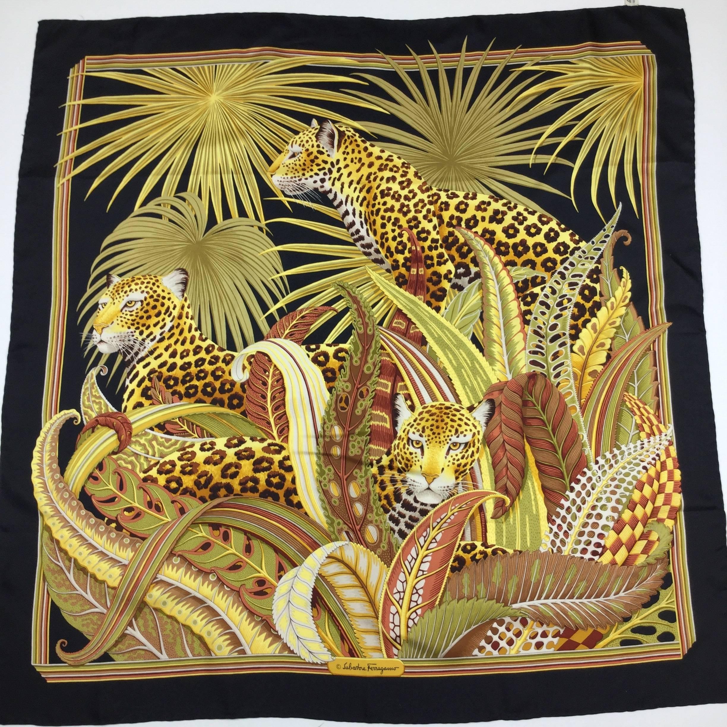 Spectacular Jungle Themed Vintage Silk Scarf By Ferragamo. 3
