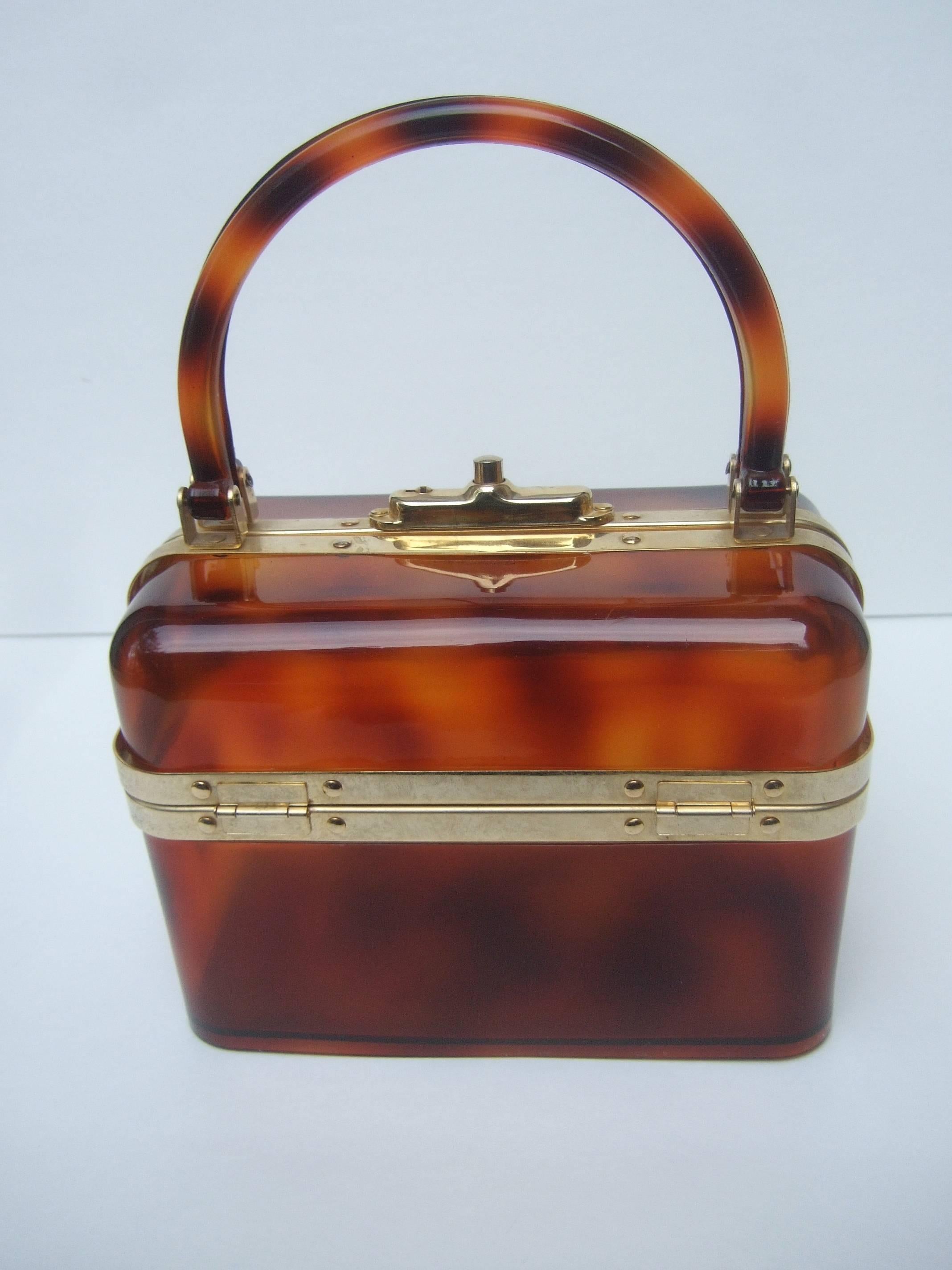 Brown Sleek Tortoise Shell Lucite Handbag Made in France c 1970