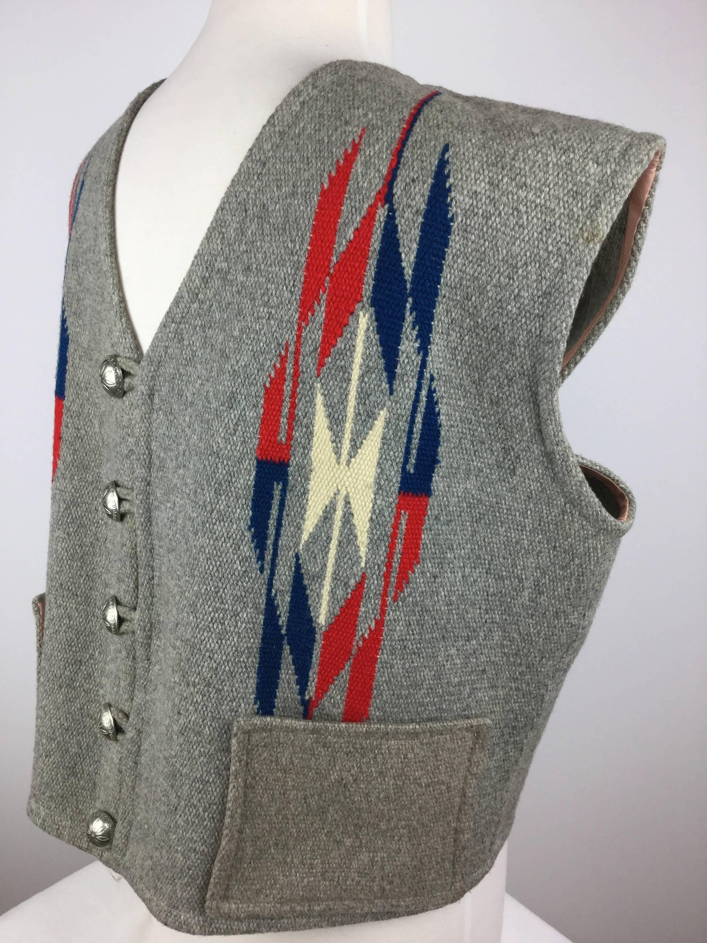 Gray Men's Chimayo Wool Vest with Concho Buttons.  1950's.