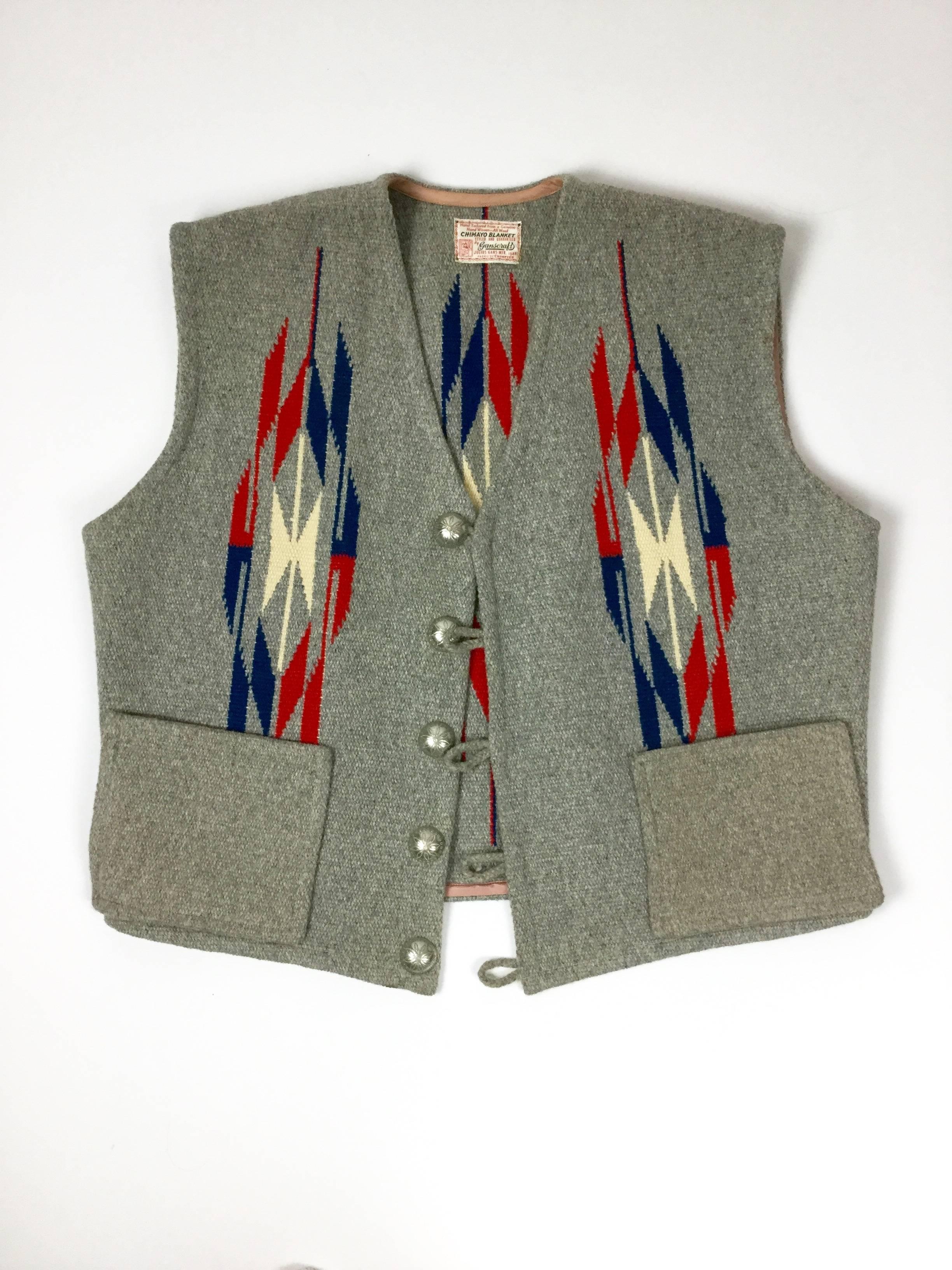 Men's Chimayo Wool Vest with Concho Buttons.  1950's. In Good Condition In University City, MO