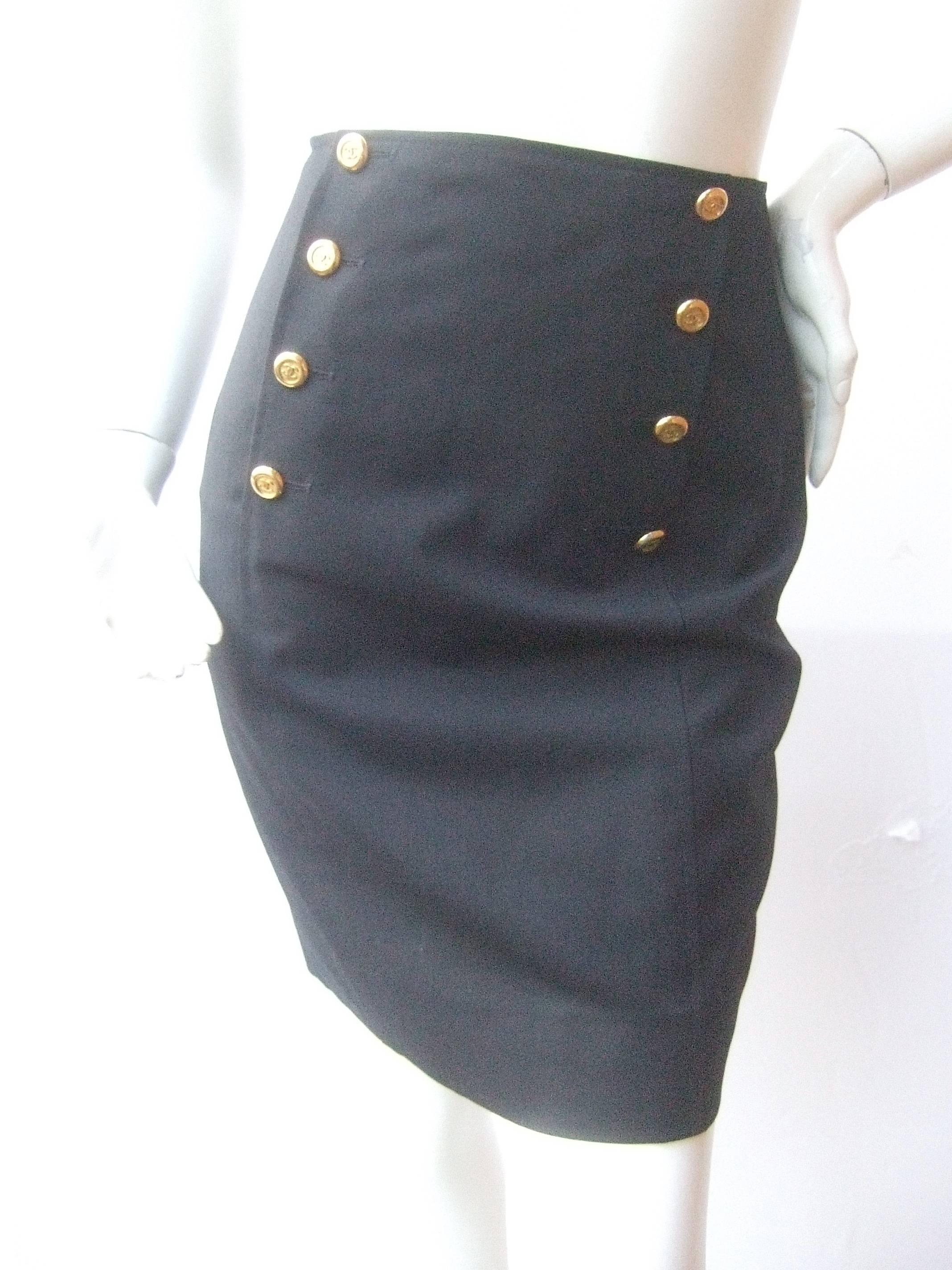 Chanel Boutique Dark Blue Wool Pencil Skirt with Chanel Buttons c 1990s 4