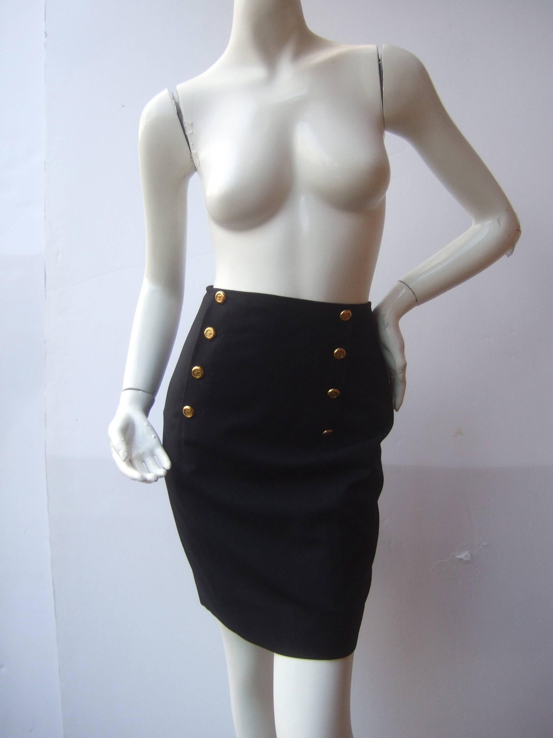 Black Chanel Boutique Dark Blue Wool Pencil Skirt with Chanel Buttons c 1990s