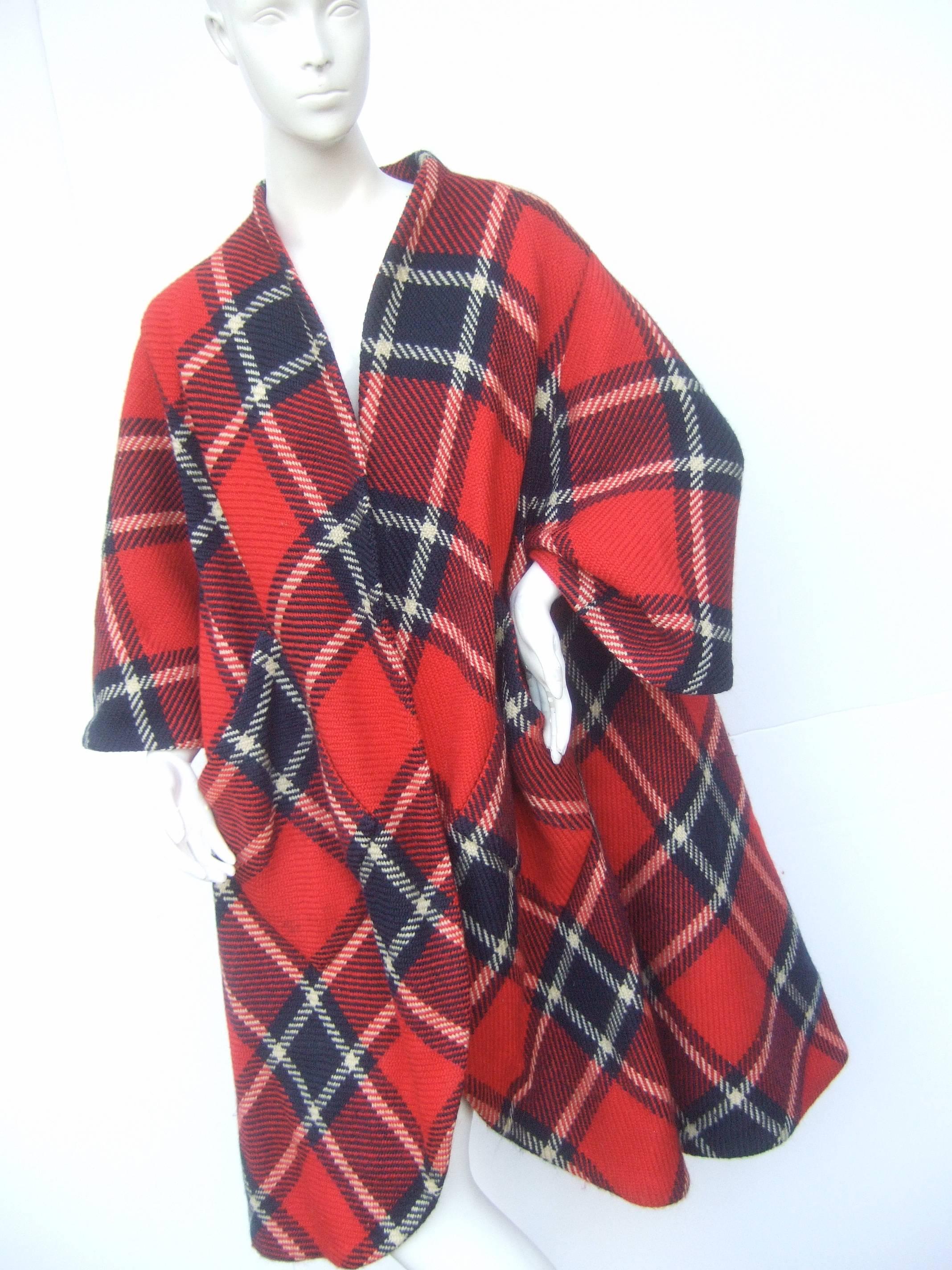 Brown 1960s Pauline Trigere Mod Plaid Wool Swing Coat 