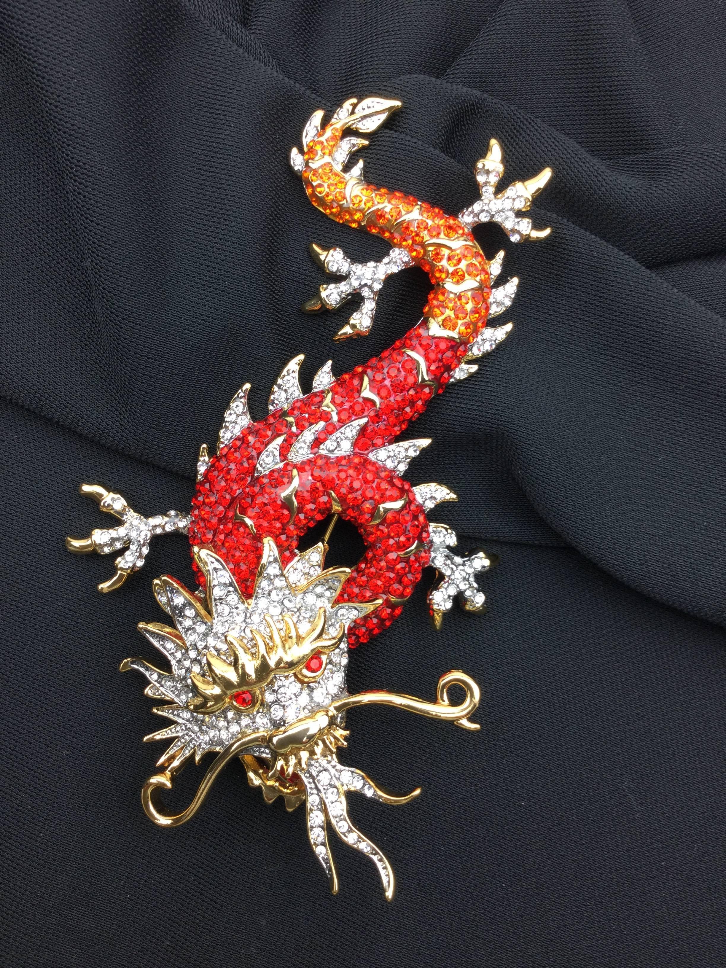 Sparkling Red Chinese Dragon Pin by Butler and Wilson. Huge. In New Condition In University City, MO