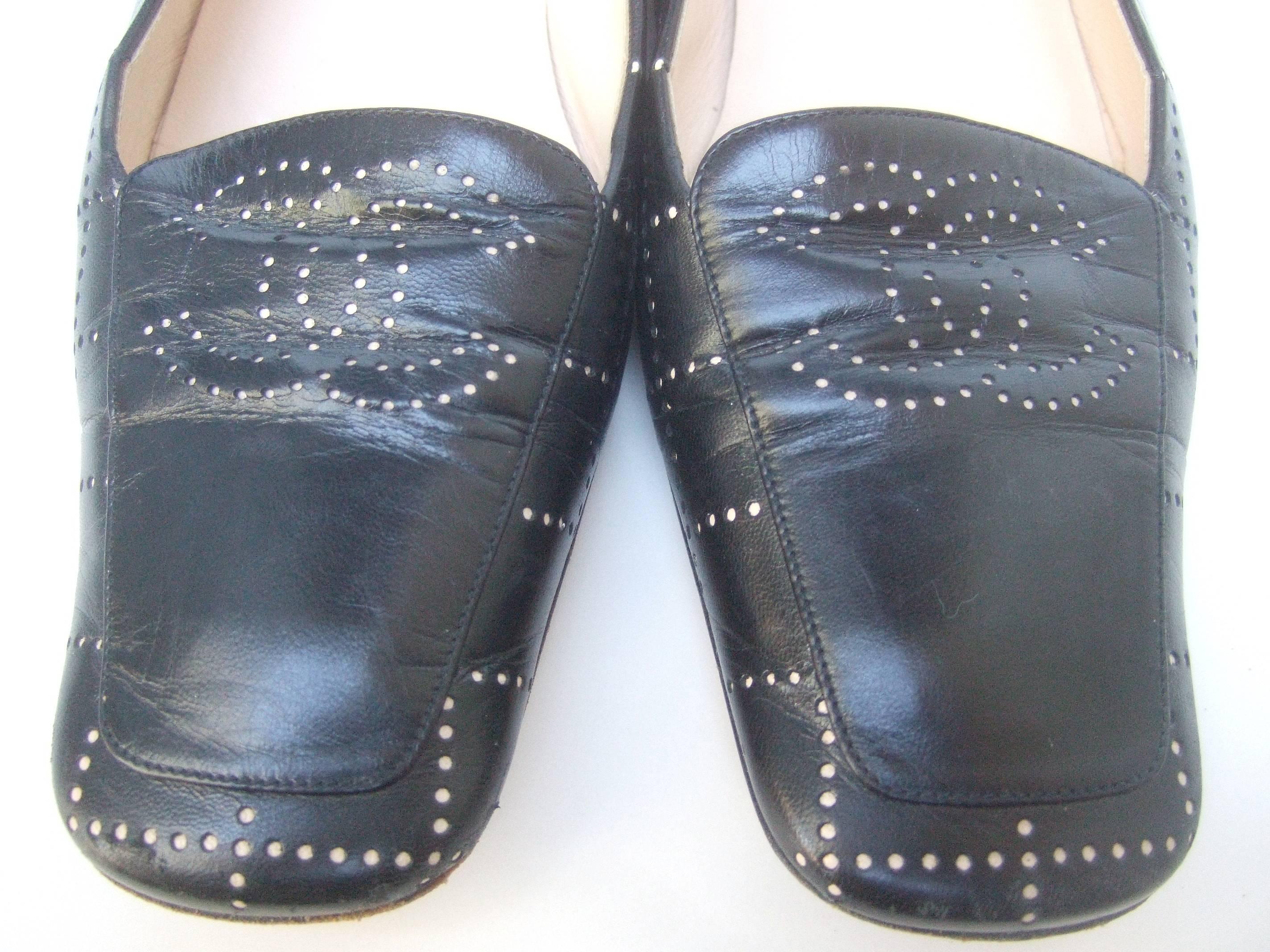 Women's Chanel Stylish Black Leather Perforated Skimmer Flats Size 37.5