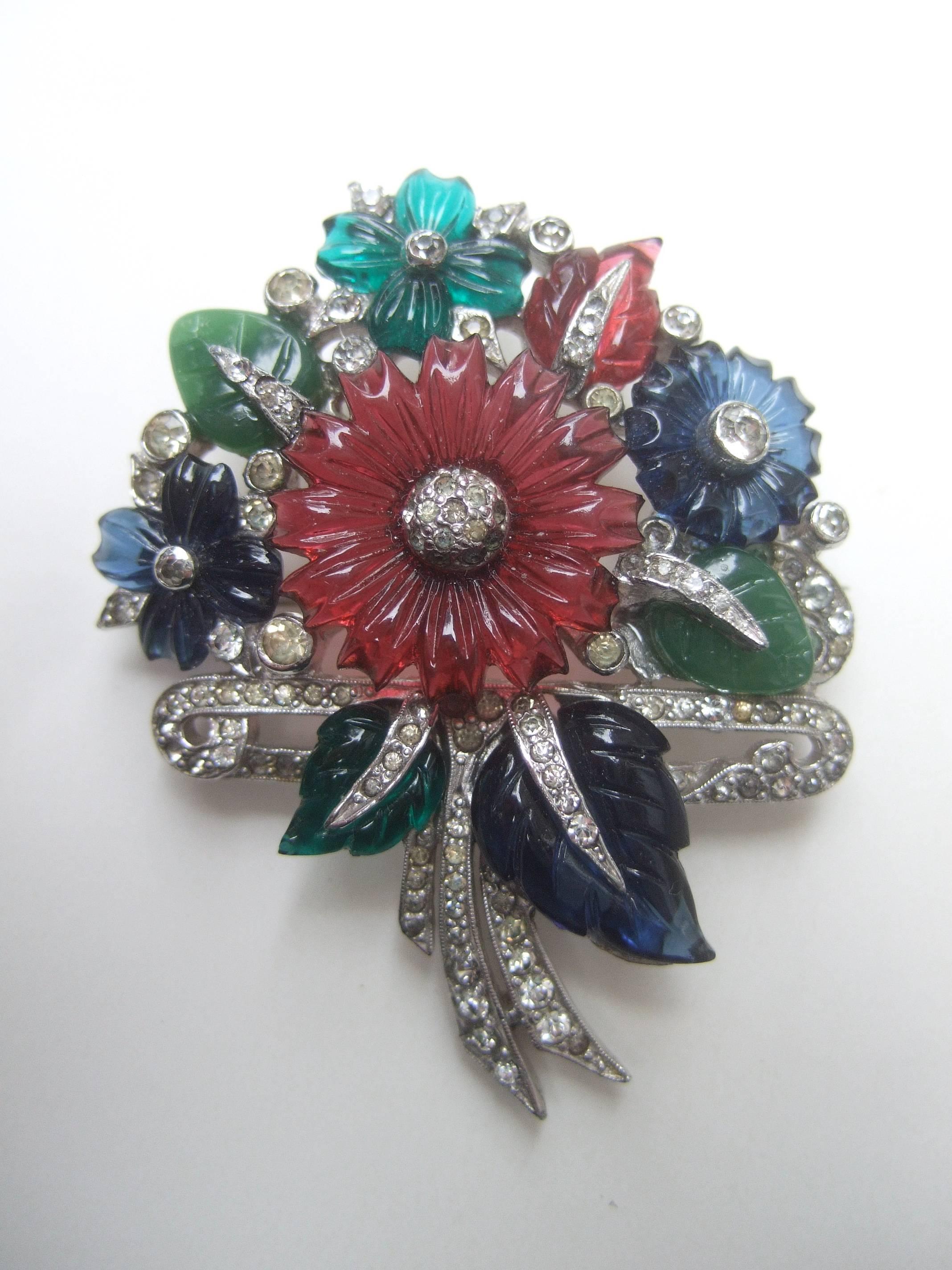 Art Deco Carved Glass Flower Bouquet Brooch c 1940 2