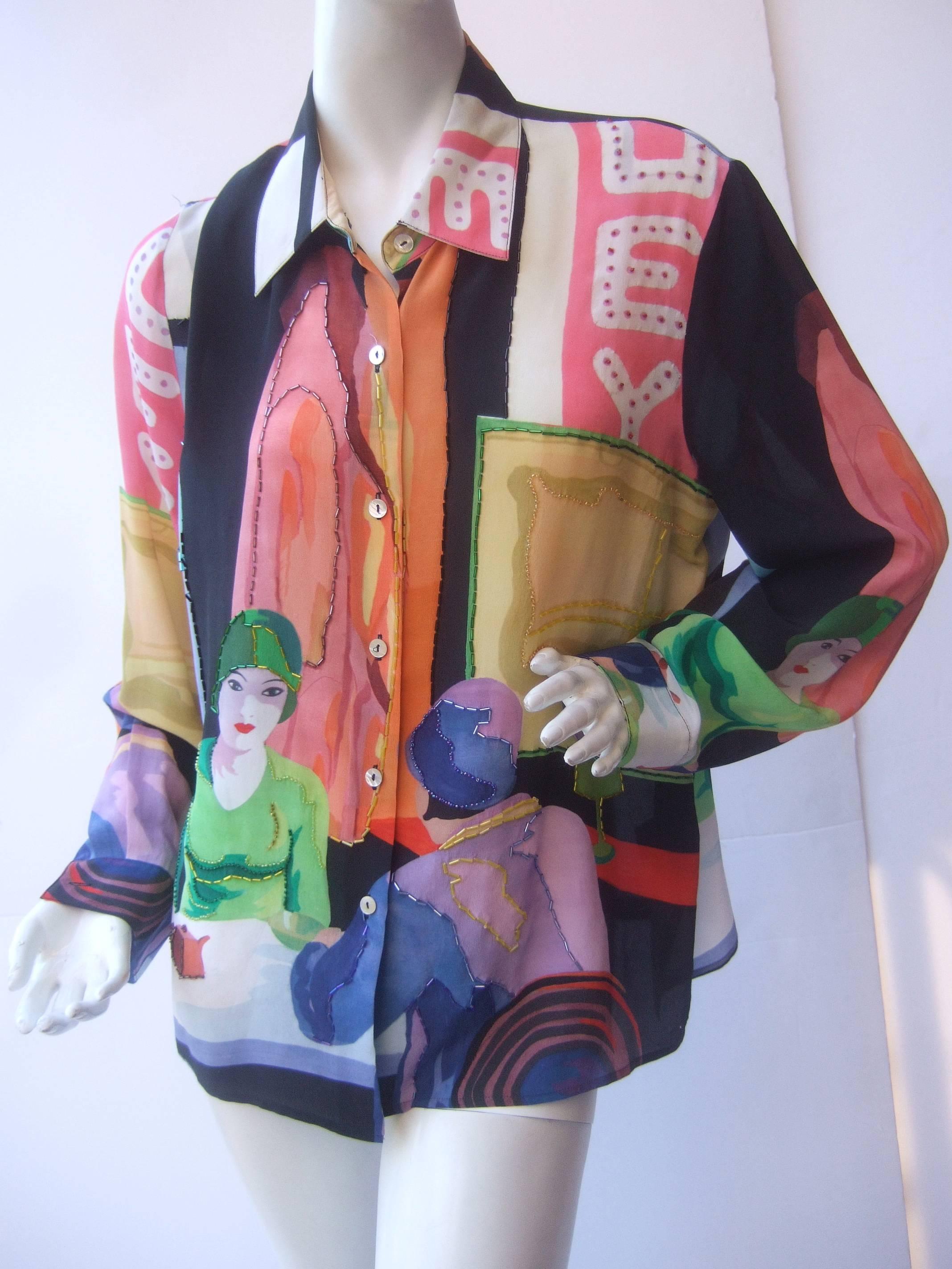  Reserved for Daniel Unique Silk Beaded Graphic Print Blouse c 1990s For Sale 2