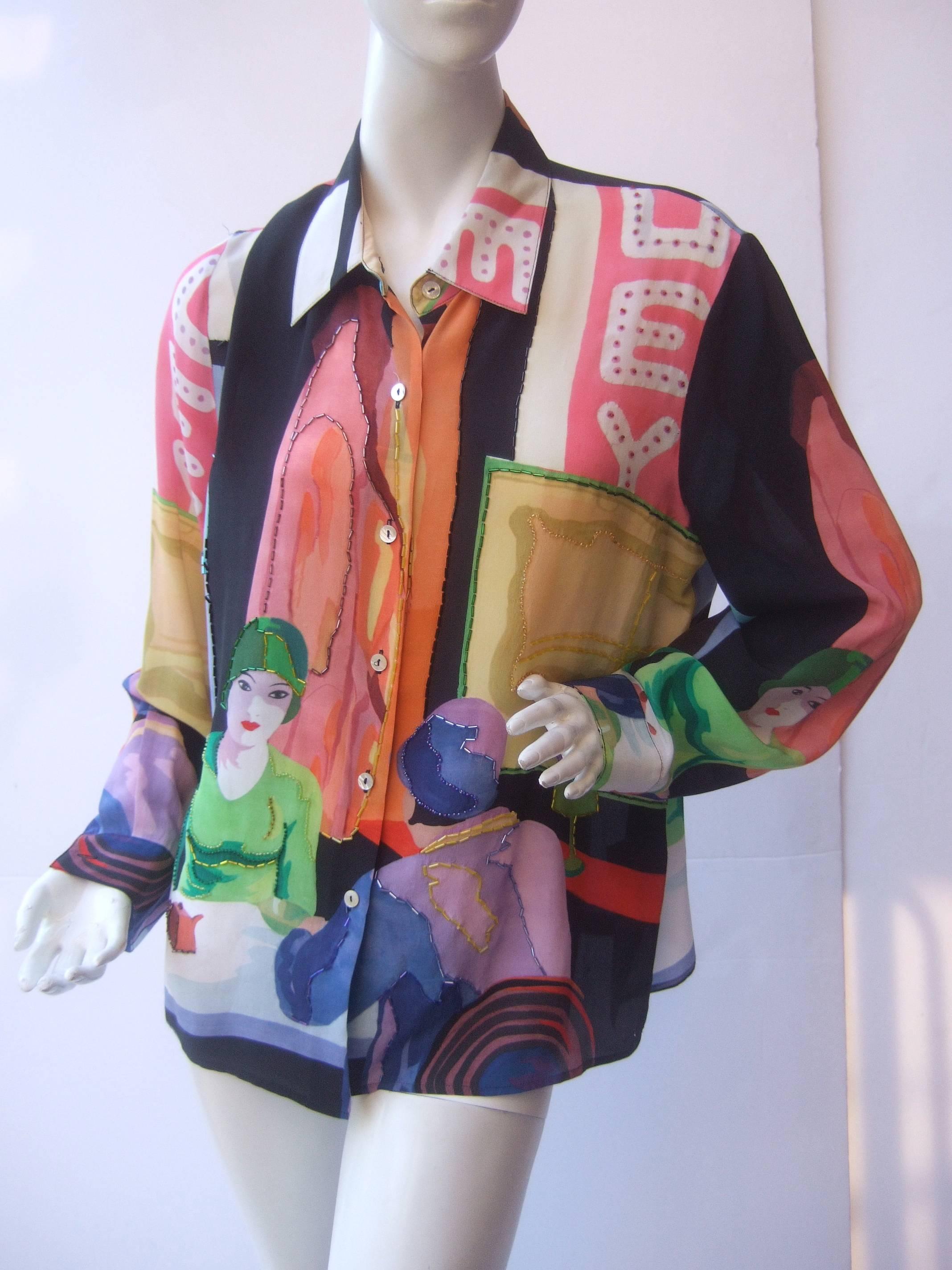 Women's  Reserved for Daniel Unique Silk Beaded Graphic Print Blouse c 1990s For Sale