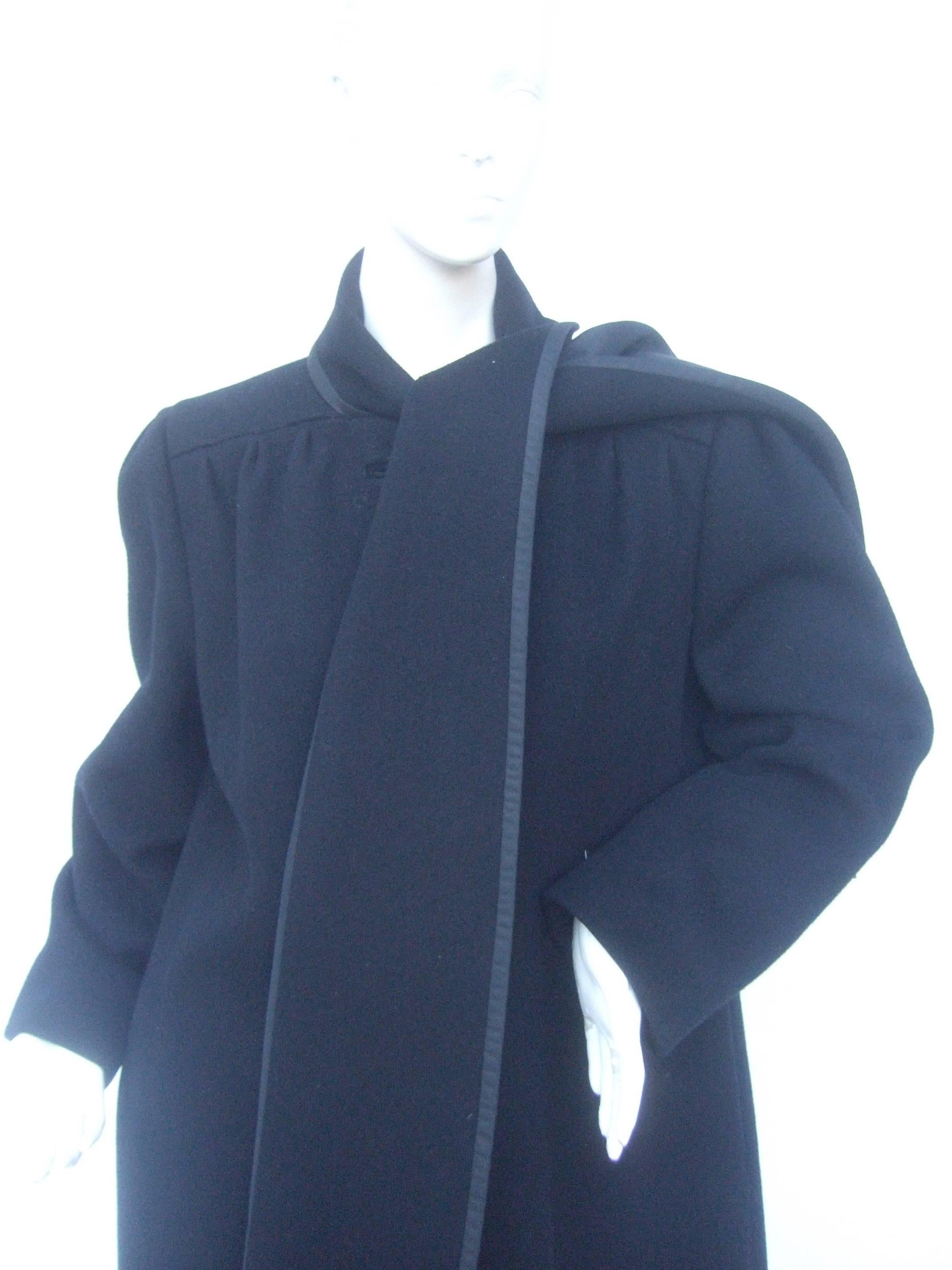 Pauline Trigere Unique Black Wool Winter Coat with Built in Scarf ca 1970s 1