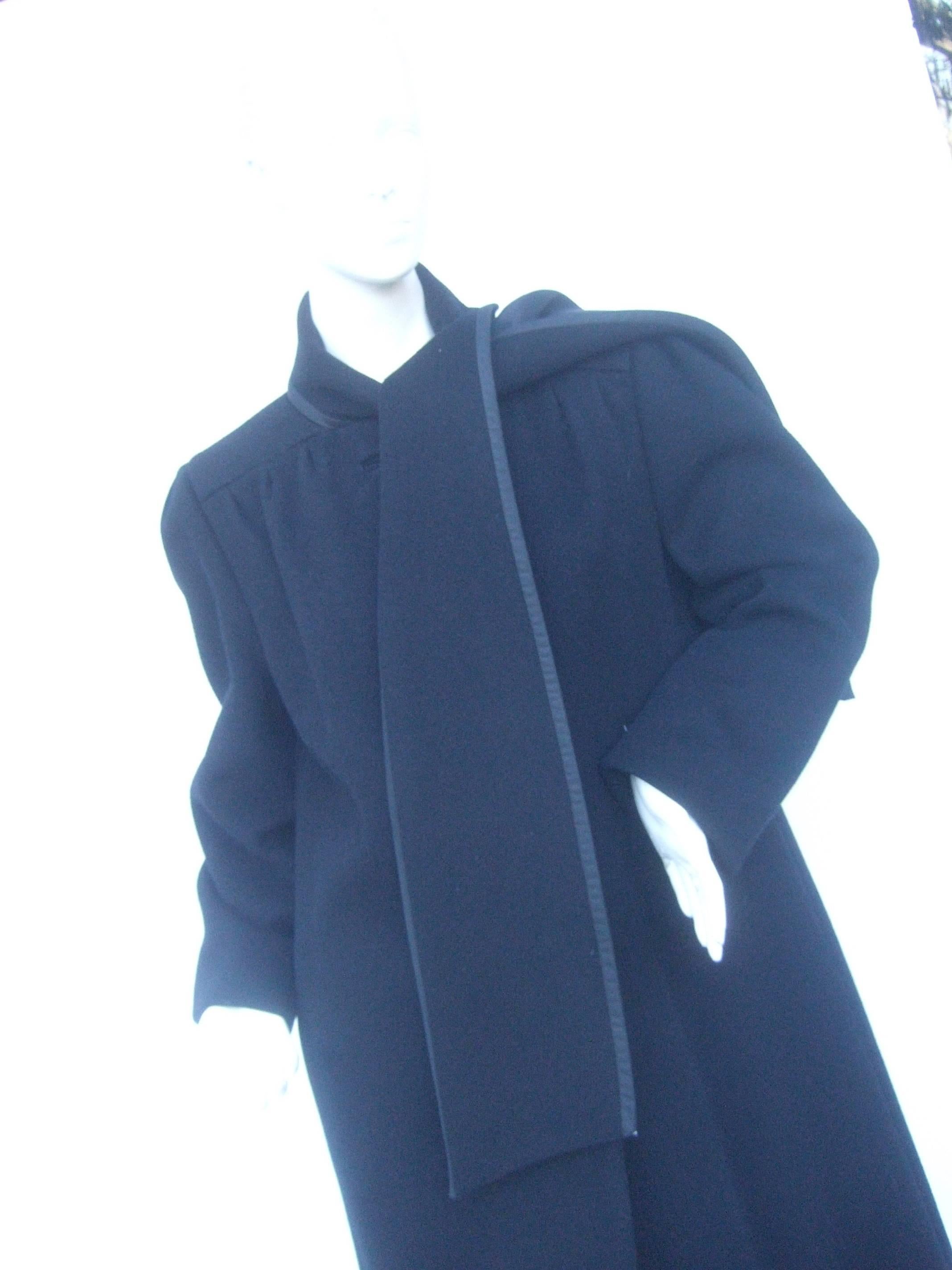 Purple Pauline Trigere Unique Black Wool Winter Coat with Built in Scarf ca 1970s