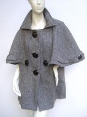 Stylish Unique Capelet Herringbone Wool Blend 3/4 Coat