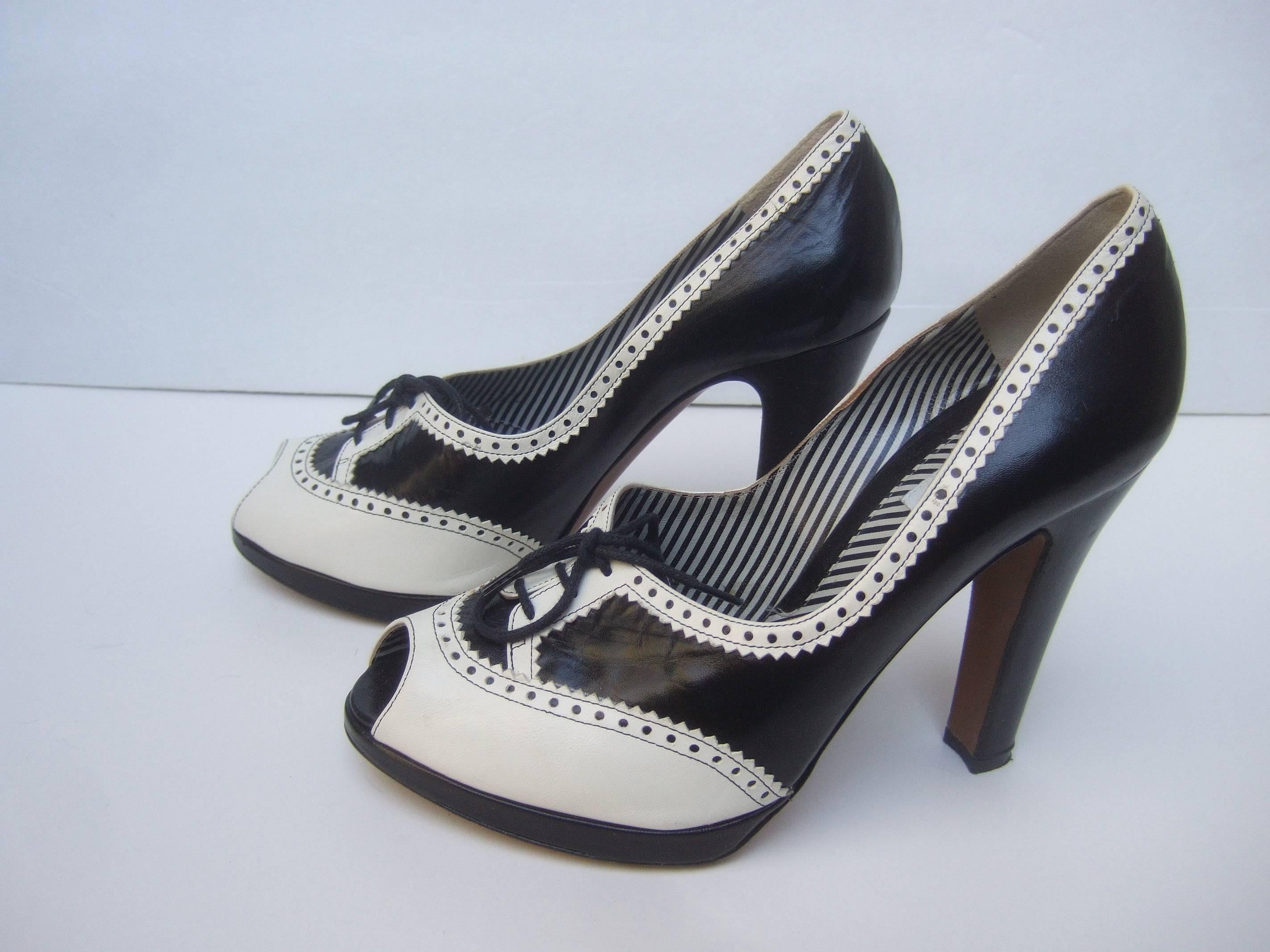 black and white peep toe heels