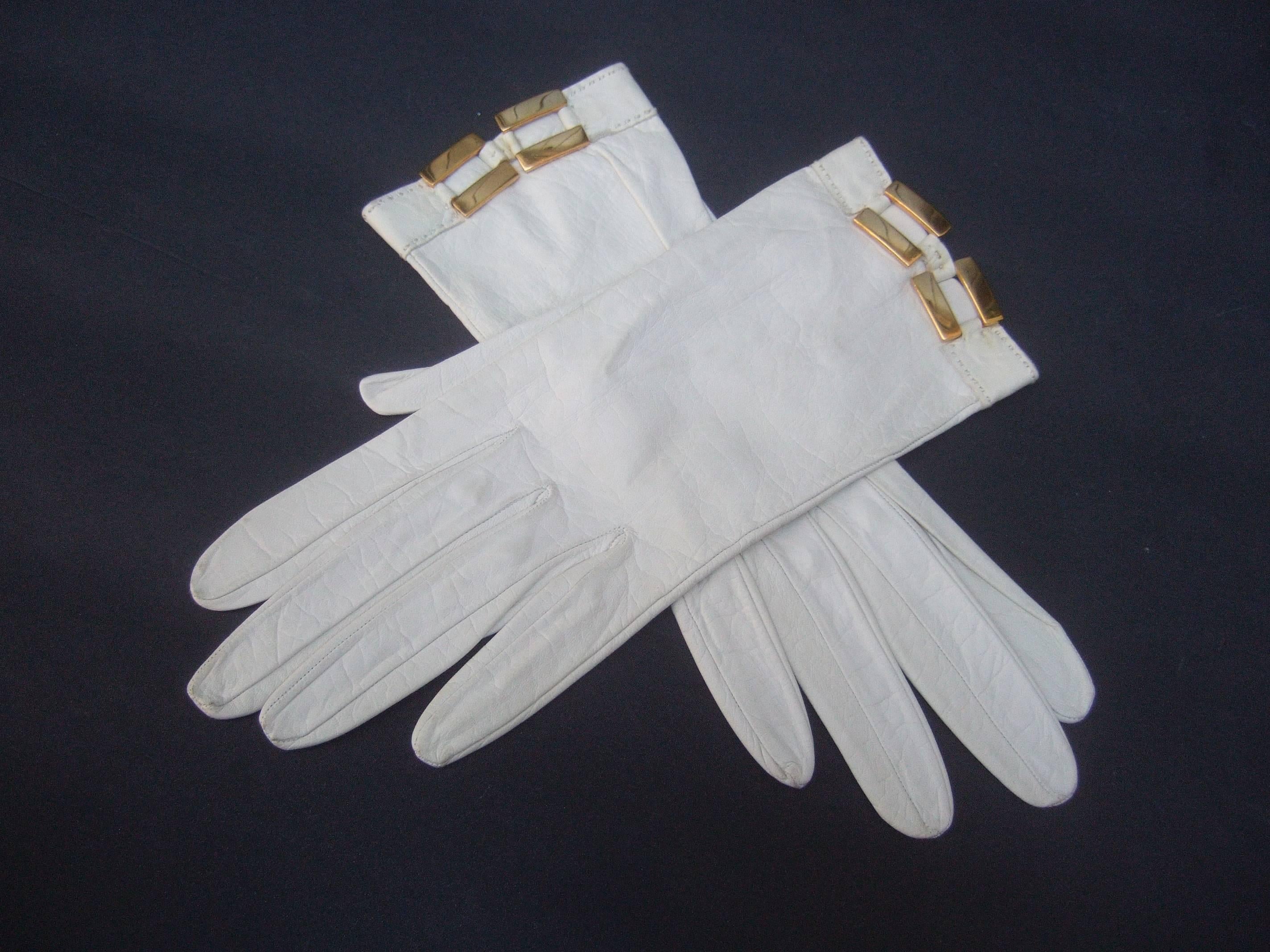 Hermes Paris White Kidskin Leather Gloves ca 1970s 2
