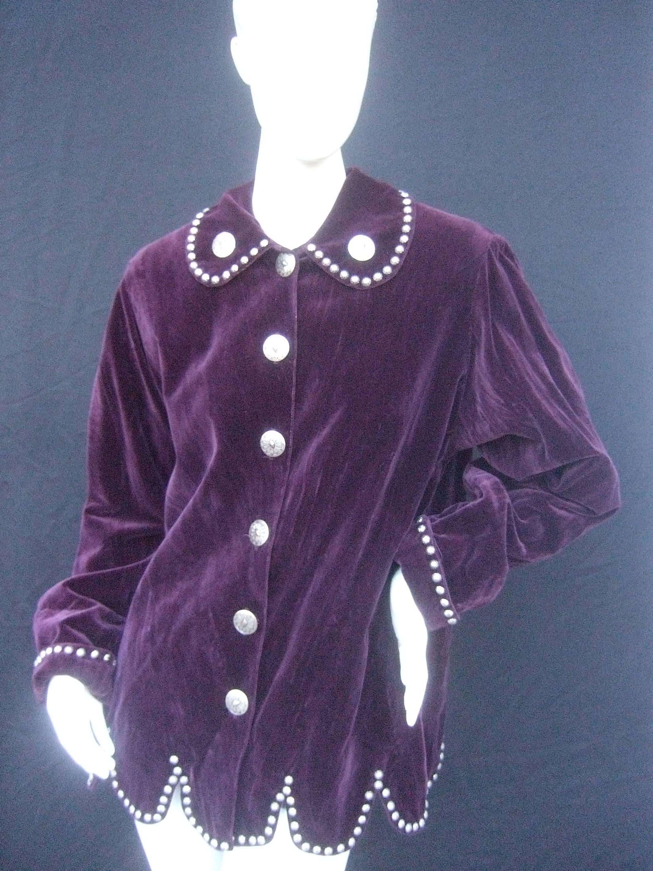 Unique Plum Cotton Velvet Grommet Jacket ca 1990s  2