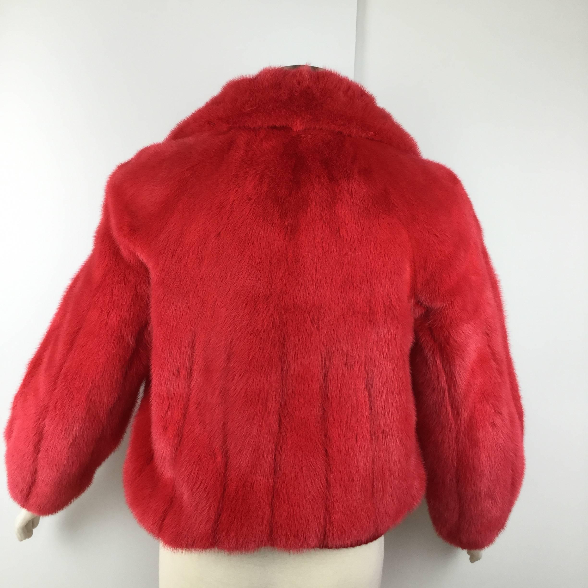 Women's Cardinal Red Mink Reversible Bomber Jacket. 1980's.