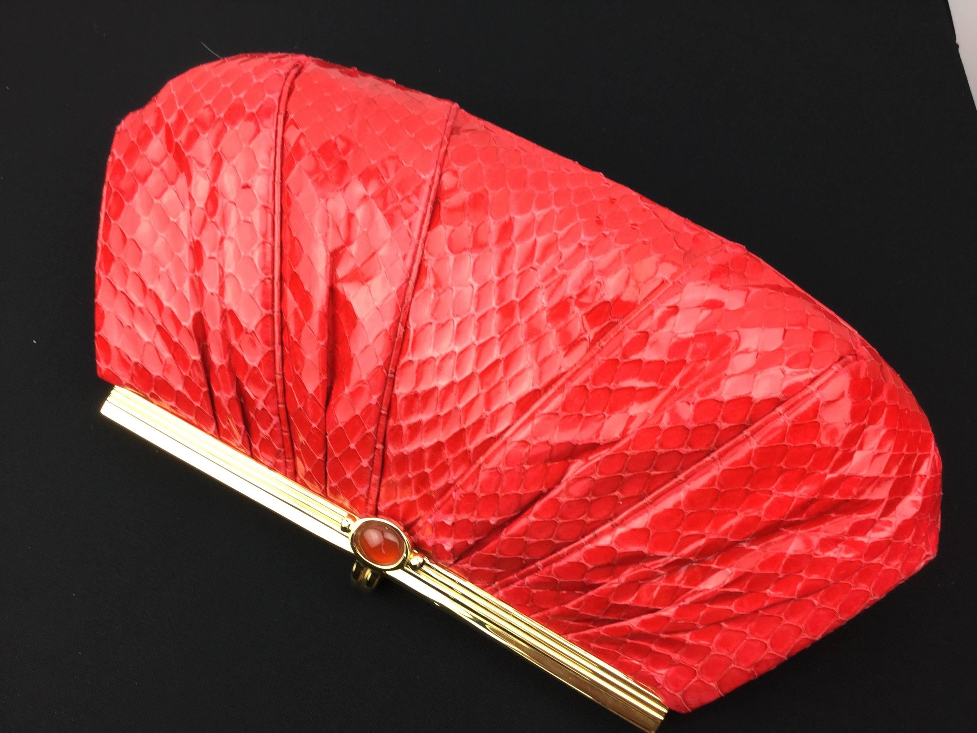Women's Judith Leiber Cherry Red Python Handbag. 1990's.