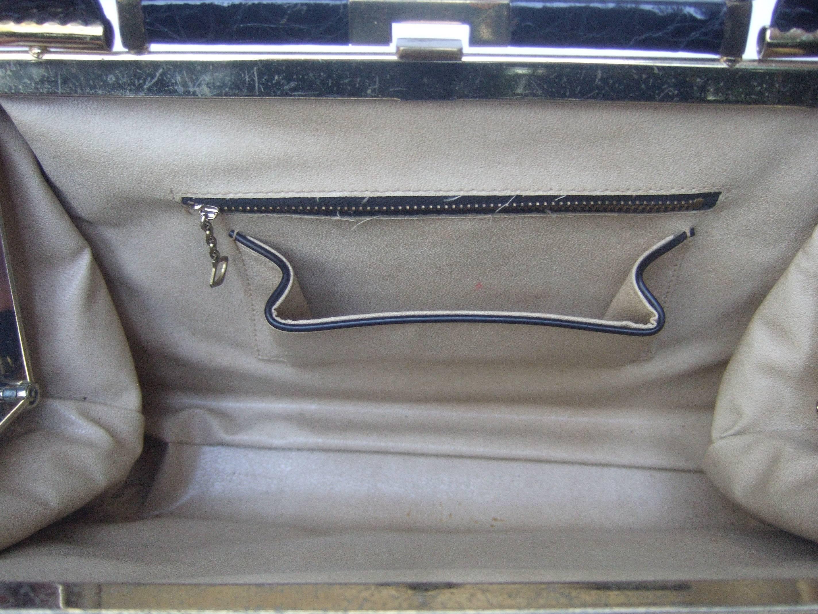 Women's Sleek Ebony Alligator Leather Vintage Handbag ca 1960 For Sale