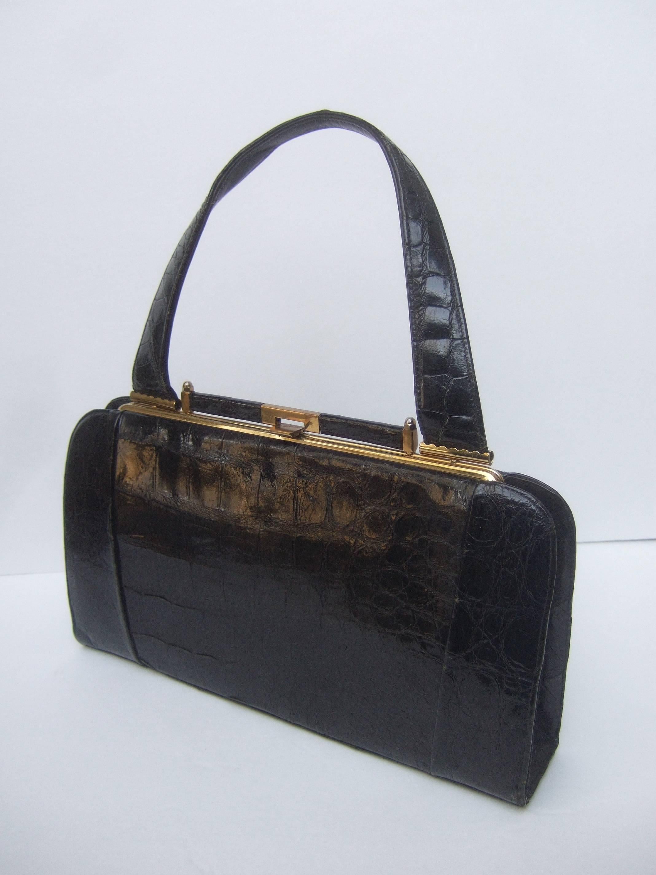 Black Sleek Ebony Alligator Leather Vintage Handbag ca 1960 For Sale