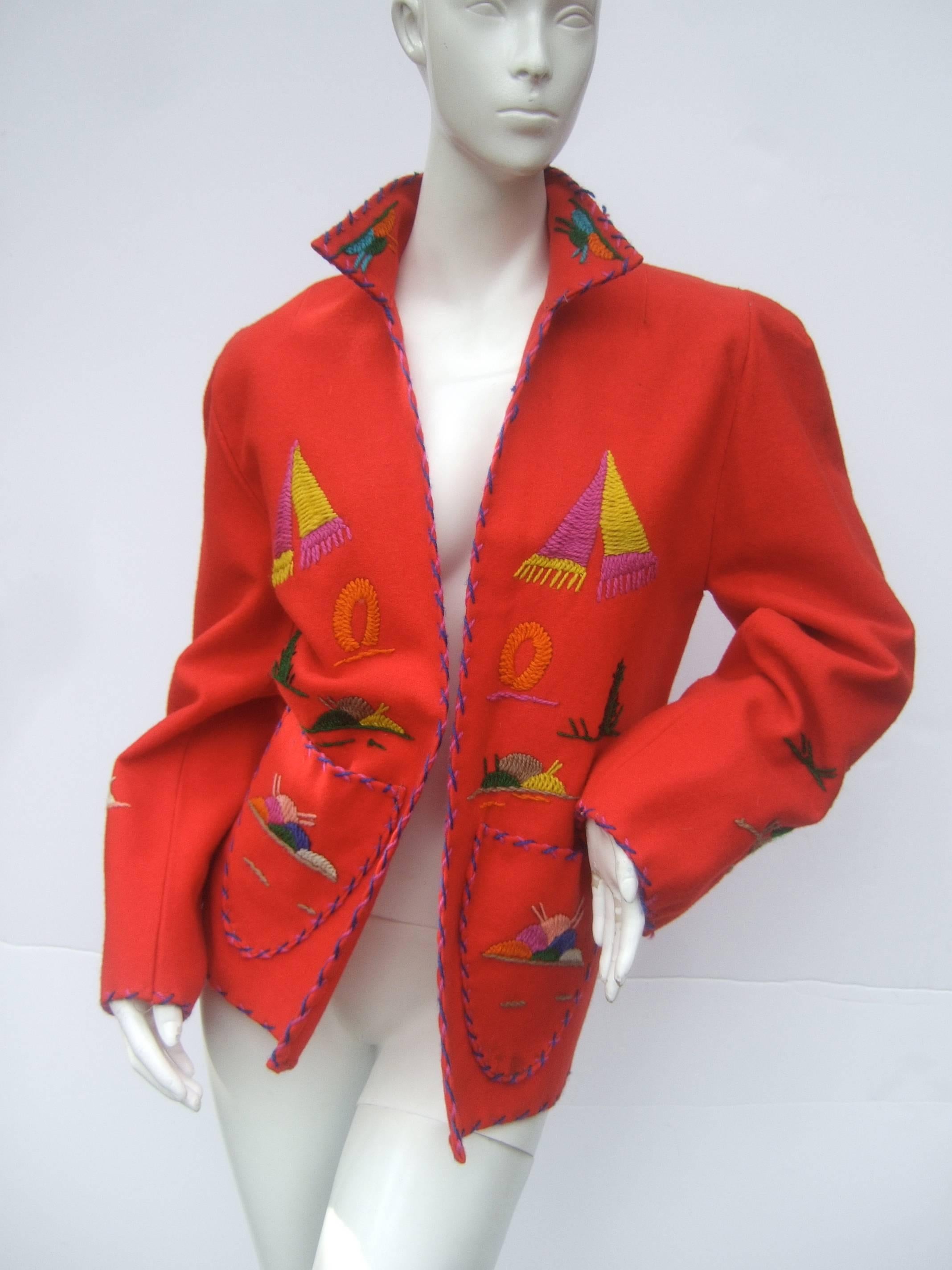 Mexican Red Felt Wool Embroidered Jacket ca 1950s  In Good Condition In University City, MO