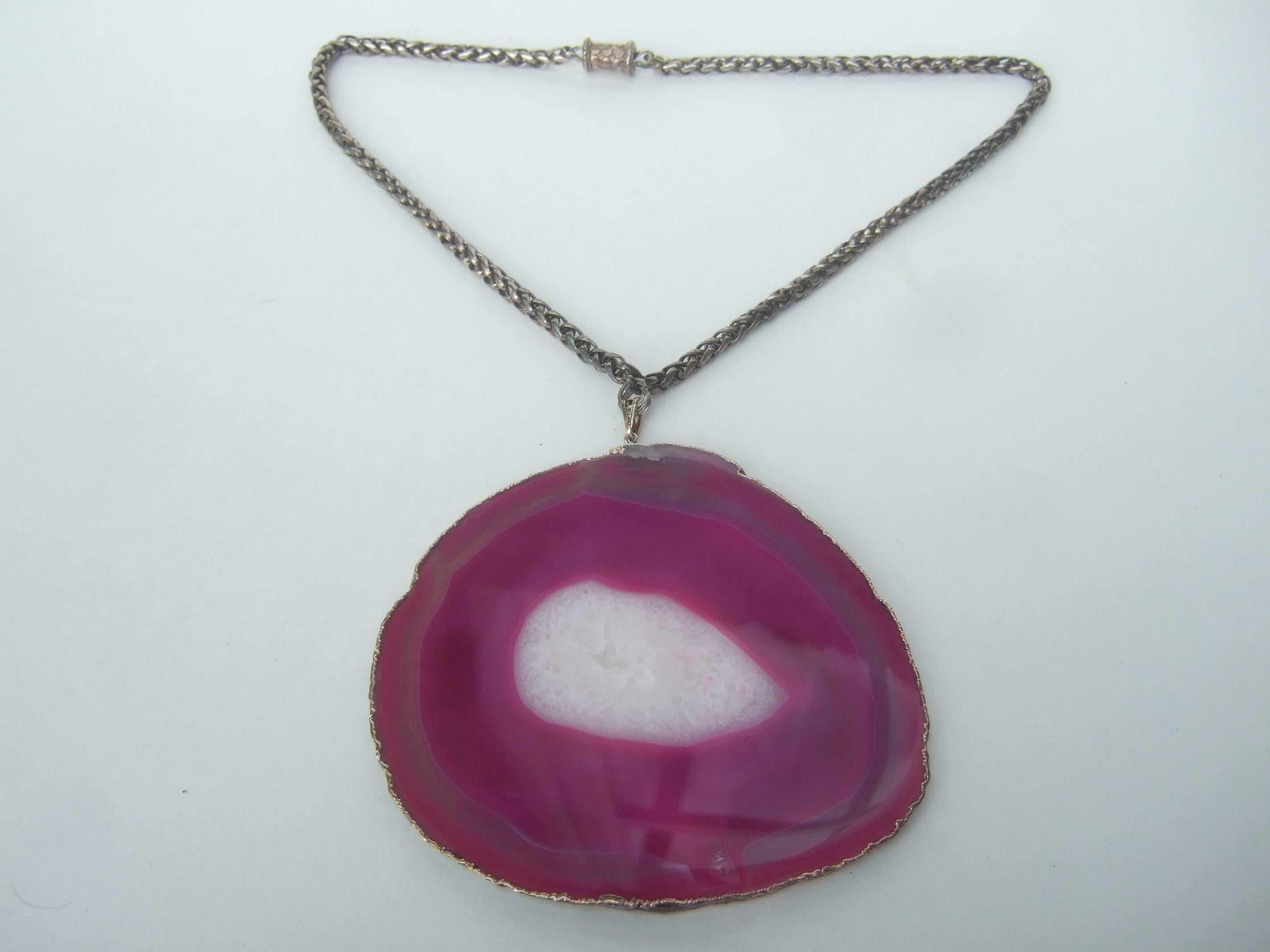 Massive Fuchsia Sliced Agate Pendant Necklace For Sale 1