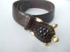 Charming Tortoise Buckle Embossed Brown Leather Belt ca 1990s