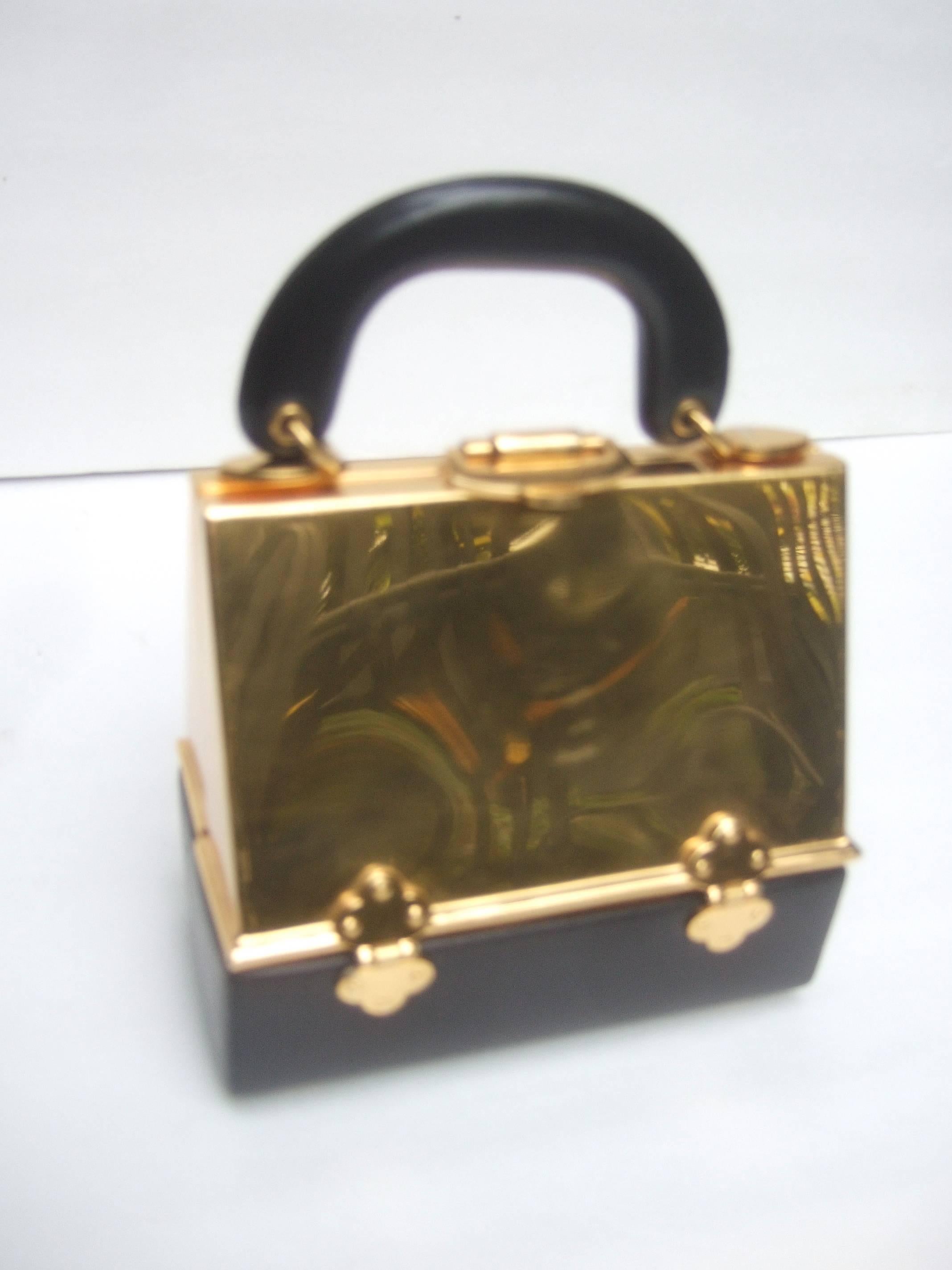 Rodo Italy Sleek Gilt Metal Black Leather Handbag c 1970 1